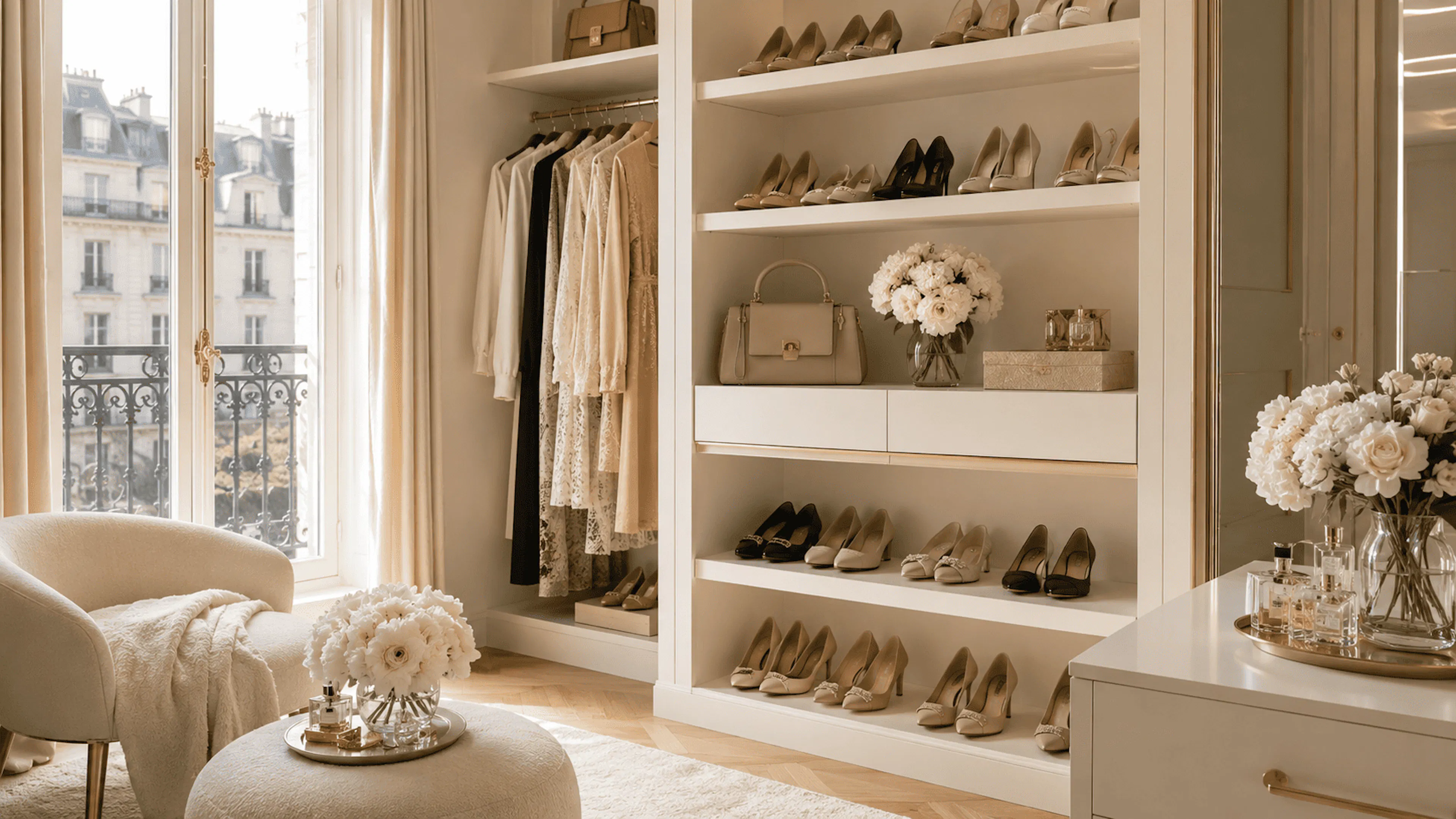 Rangement chaussures femme petit appartement dans un dressing élégant et lumineux