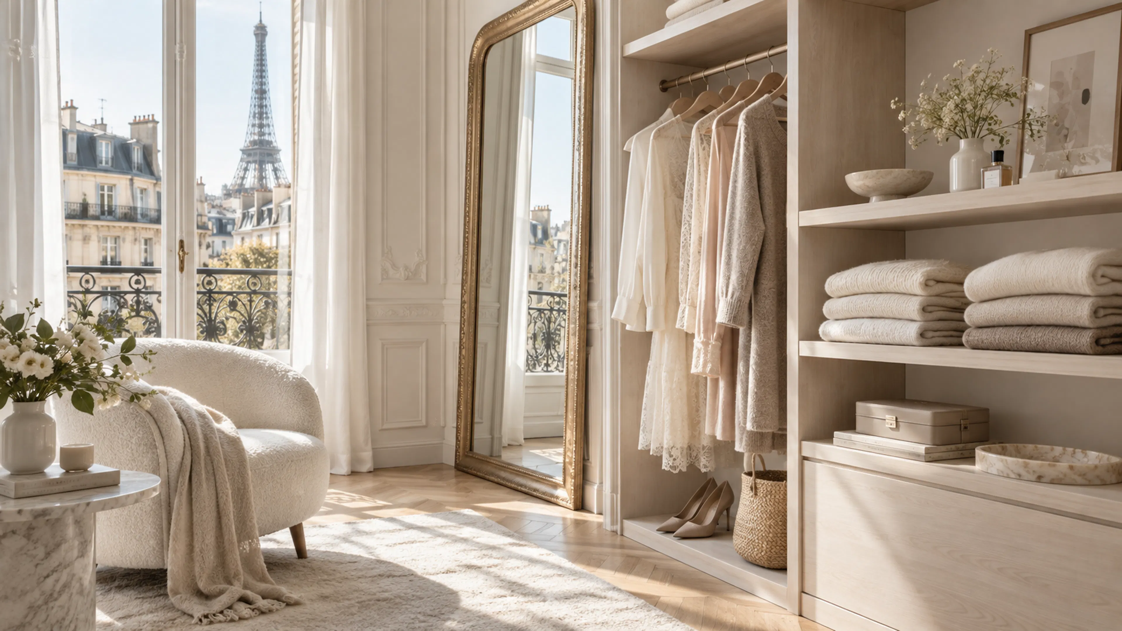 Pulls en cachemire rangés à plat dans un dressing lumineux, prêts pour un rangement hors saison élégant