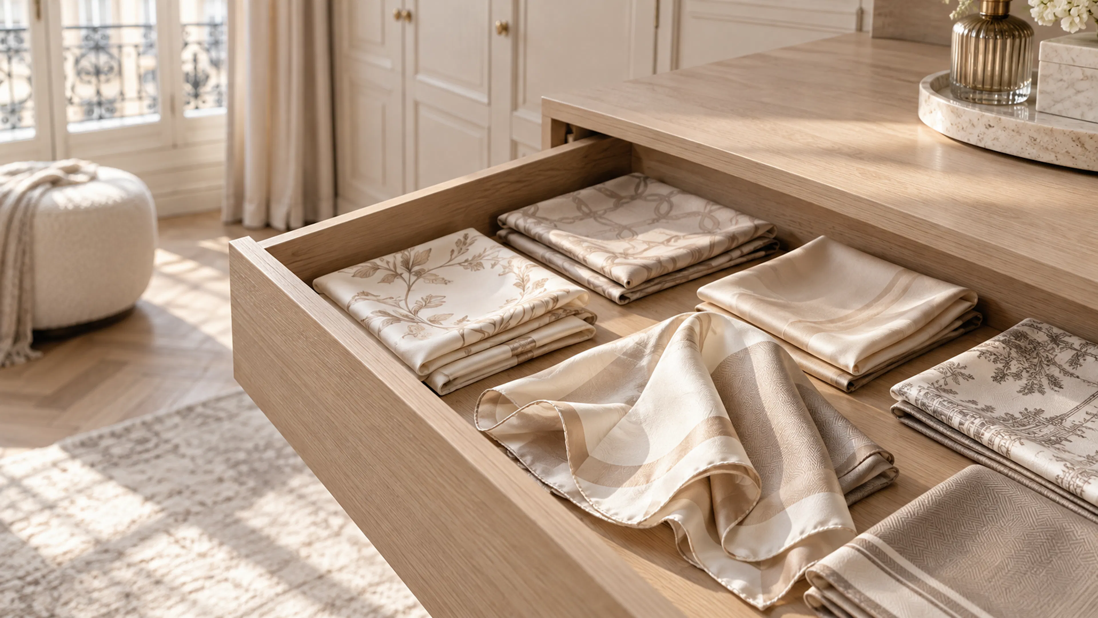 Carrés de soie crème et beige soigneusement pliés dans un tiroir en bois clair, avec un foulard délicatement déployé sur le dessus.