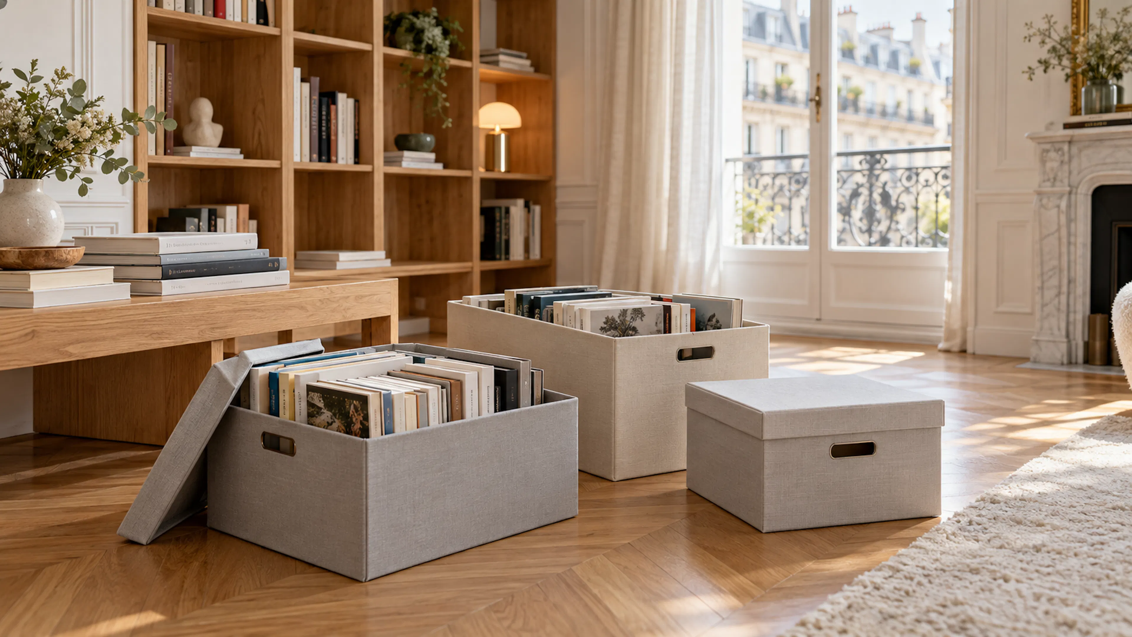 Livres soigneusement rangés dans des cartons rigides ouverts, à côté d'une bibliothèque en bois clair dans un appartement lumineux.