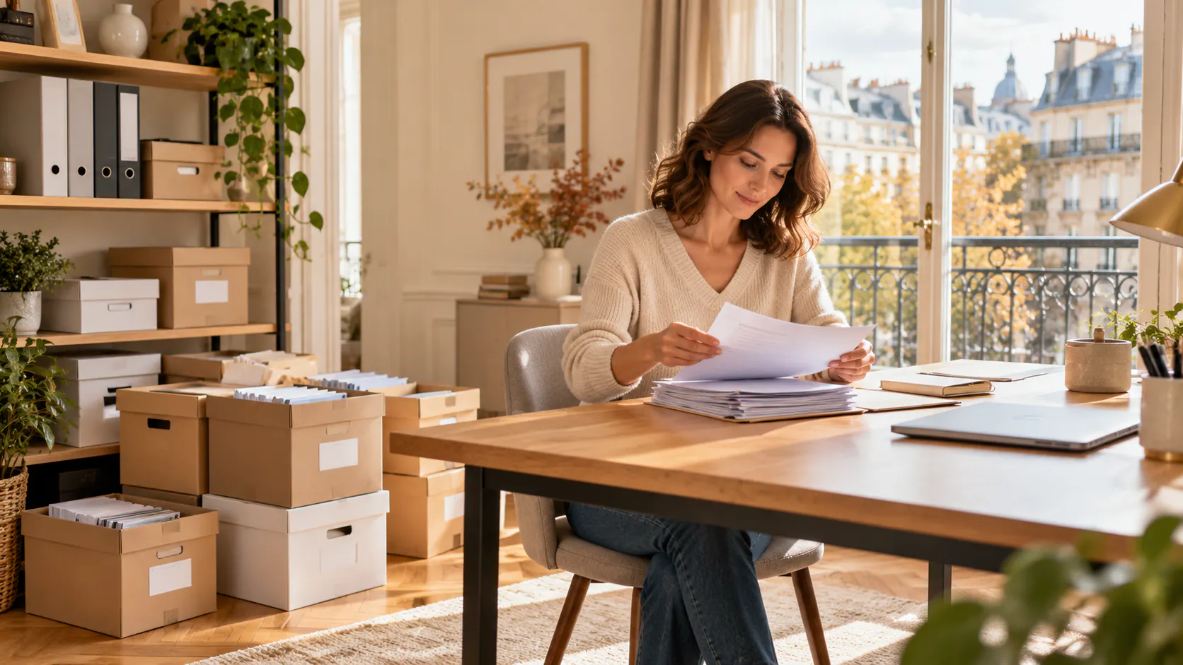 Stockage d'archives personnelles dans un bureau organisé avec documents prêts pour une collecte à domicile