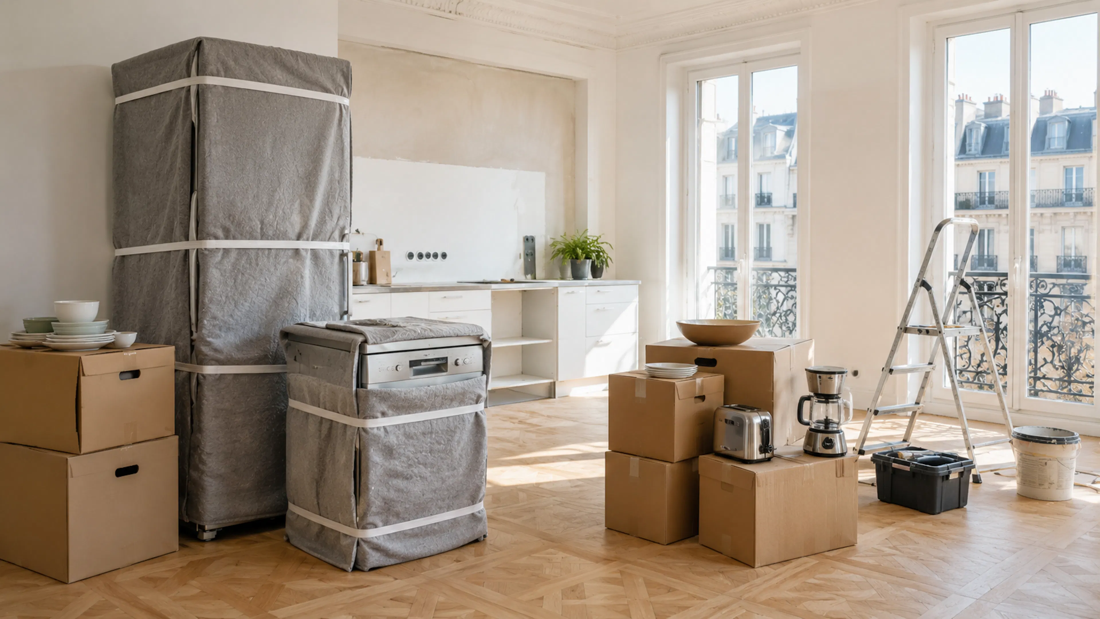 Électroménager protégé avant stockage pendant des travaux de cuisine en Île-de-France