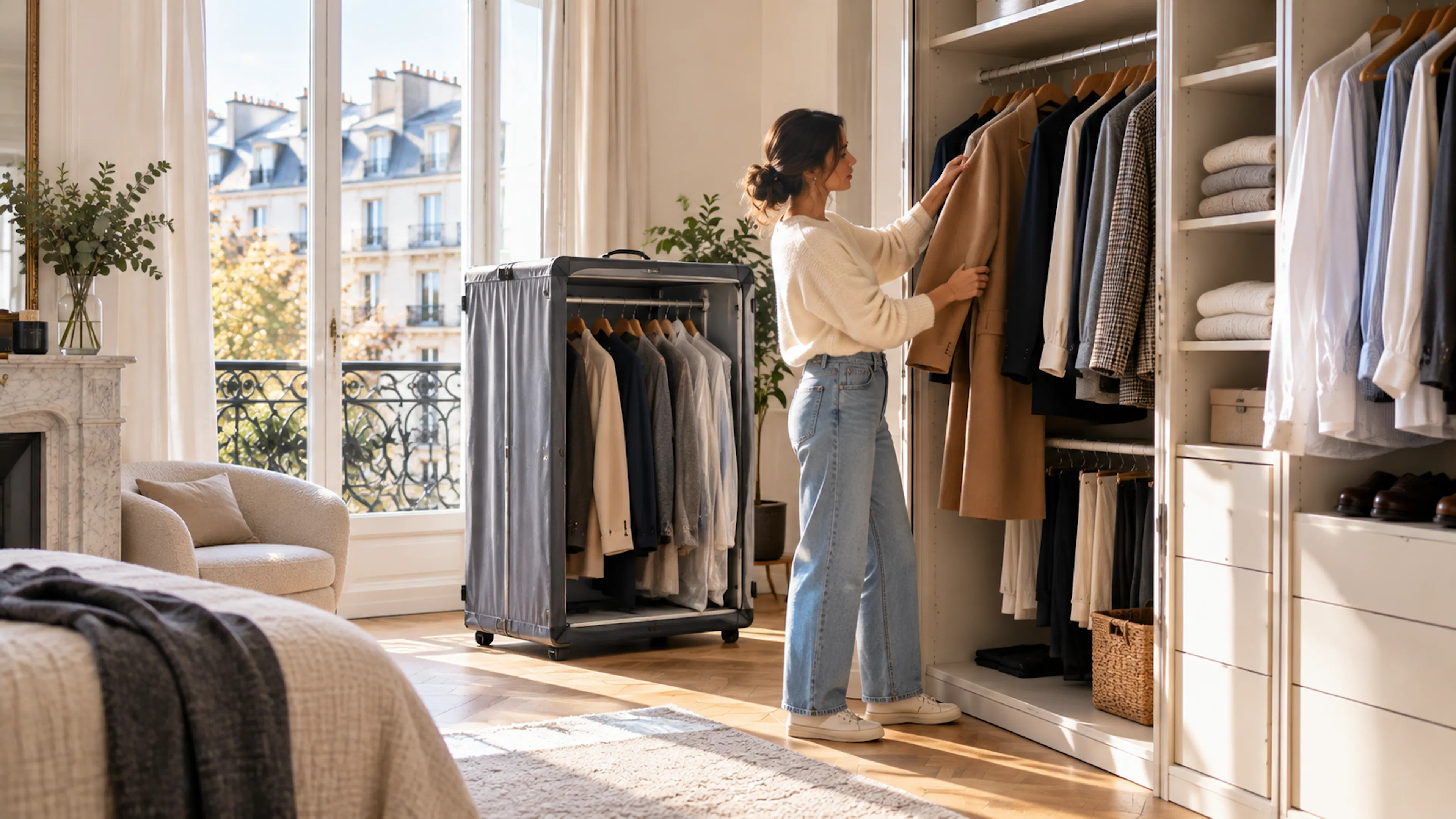 Stockage vêtements sur cintres dans un dressing organisé pour libérer de la place sans froisser les pièces