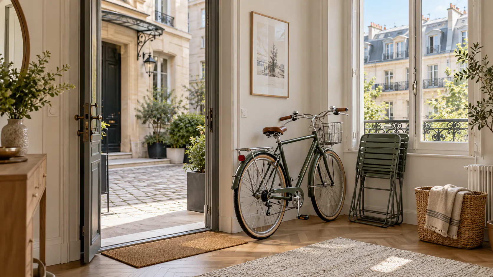 Entrée d'appartement parisien lumineux avec un vélo soigneusement rangé et du mobilier extérieur pliant placé à l'intérieur.