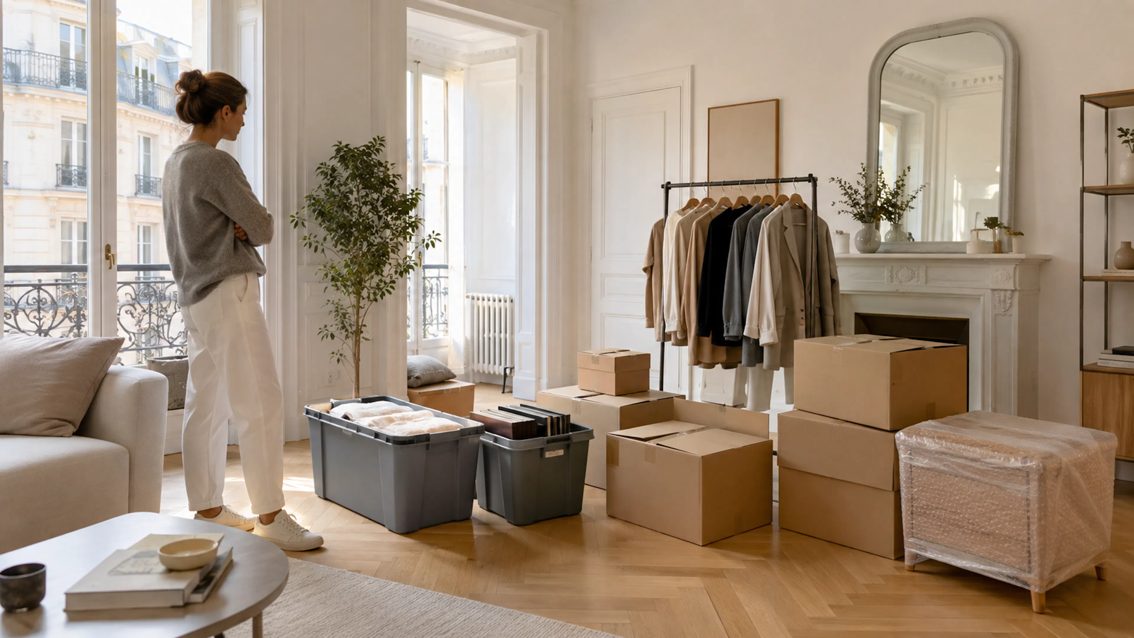 Stockage à l'objet ou à l'espace dans un appartement clair avant une collecte à domicile