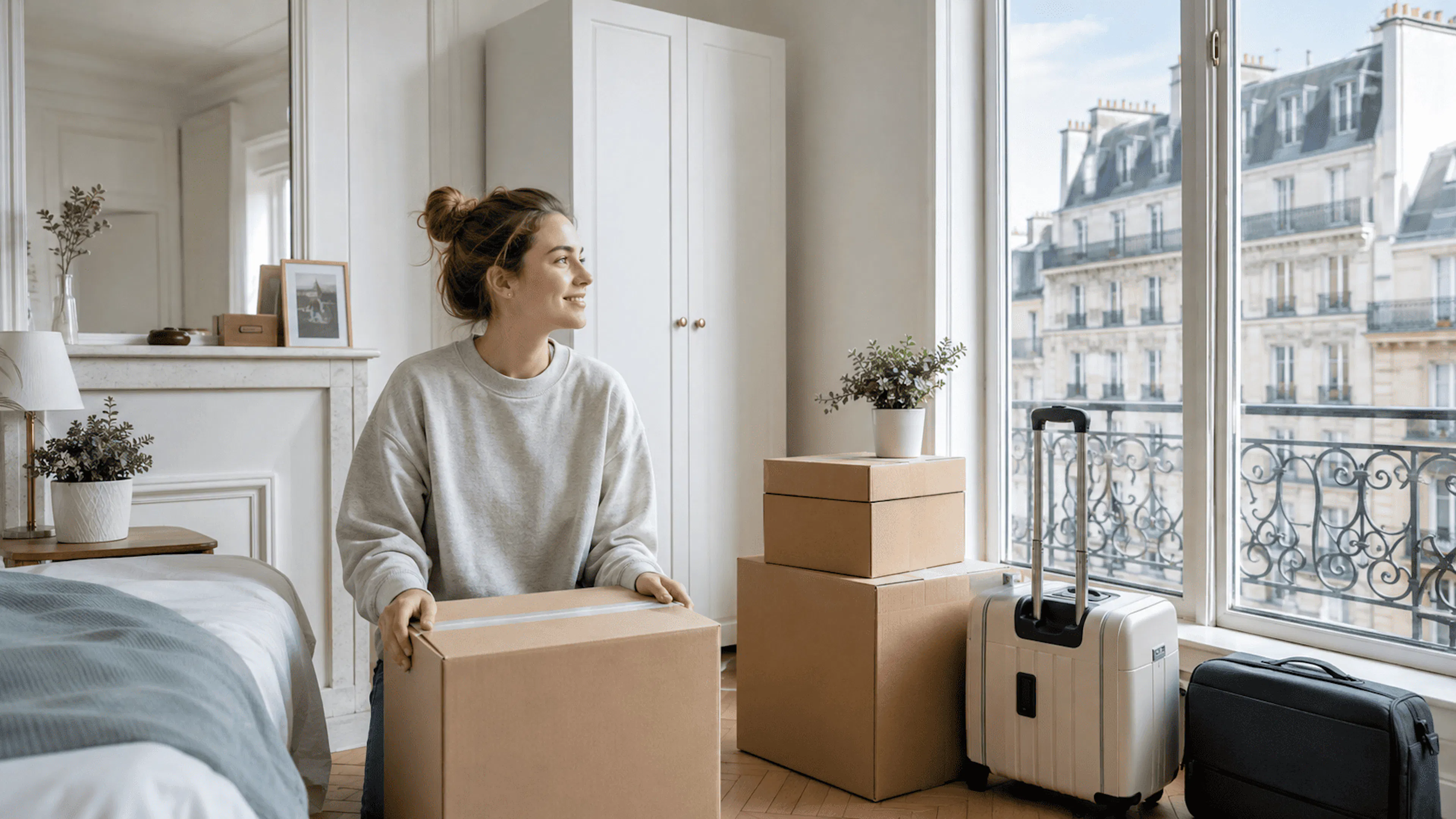 Stockage étudiant à Paris avec cartons organisés dans un appartement lumineux