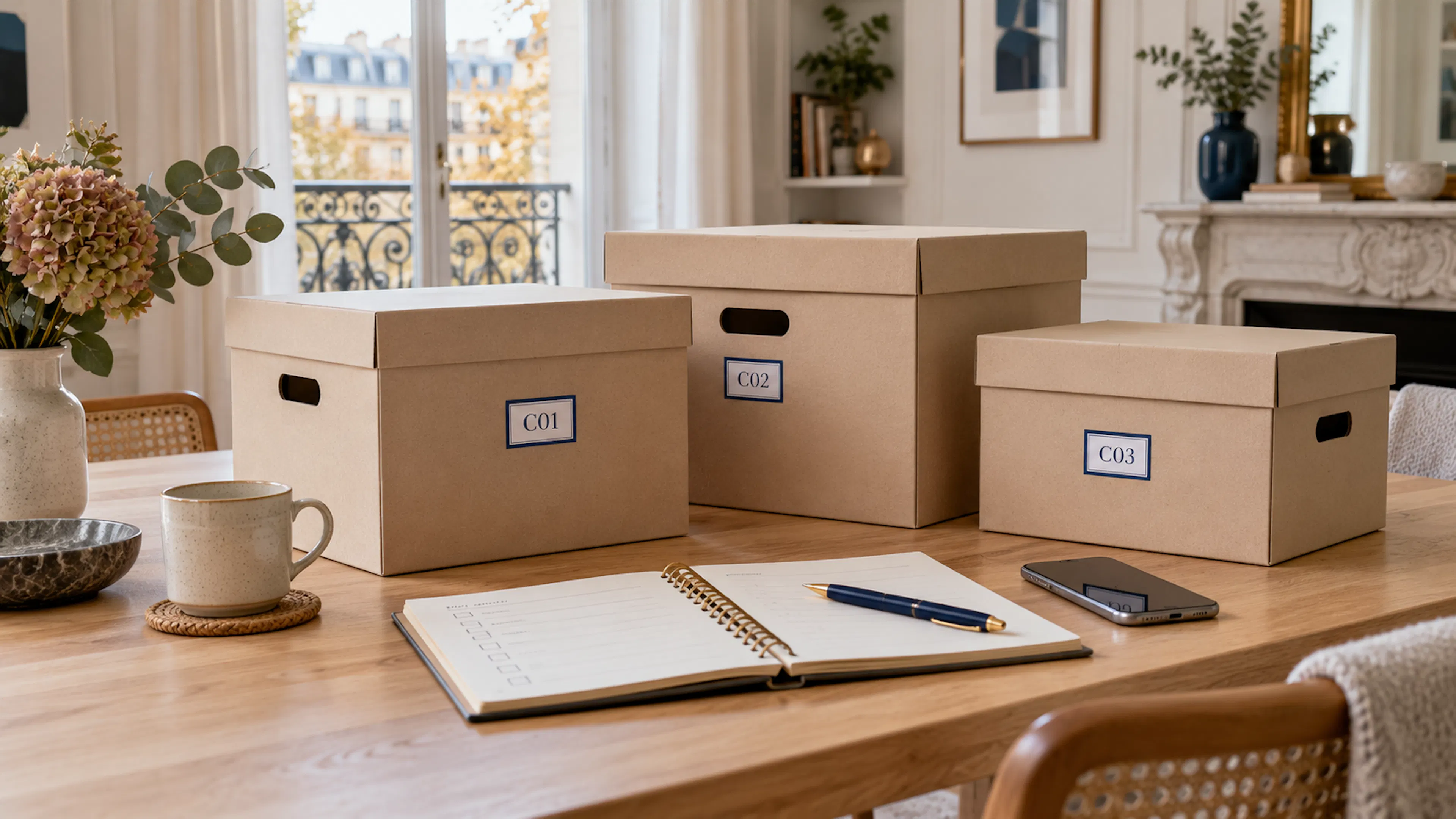 Cartons de rangement soigneusement numérotés sur une table en bois clair dans un appartement parisien lumineux, avec un carnet d'inventaire ouvert.