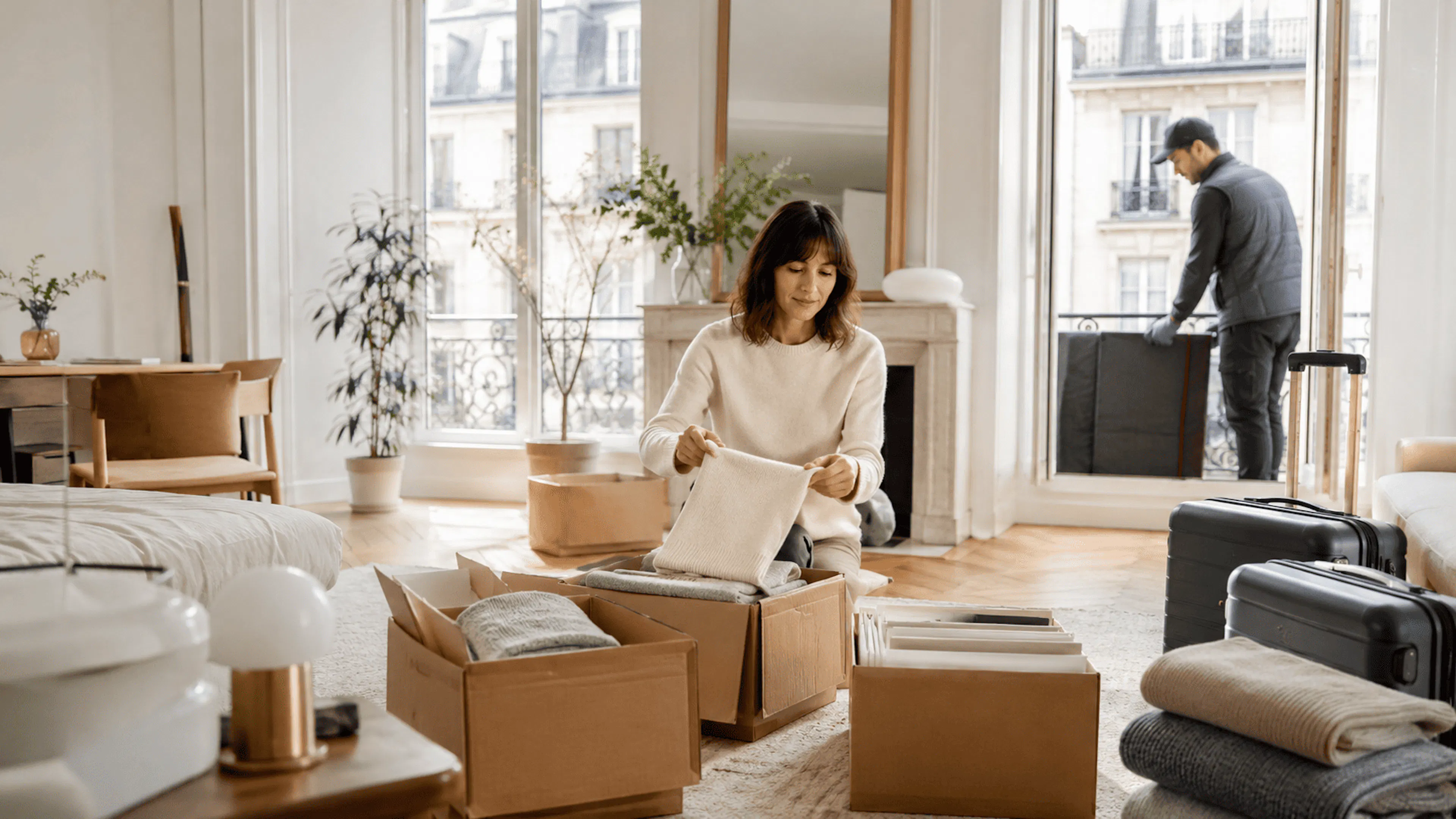 Stockage lors d'une séparation avec cartons triés dans un appartement lumineux en Île-de-France