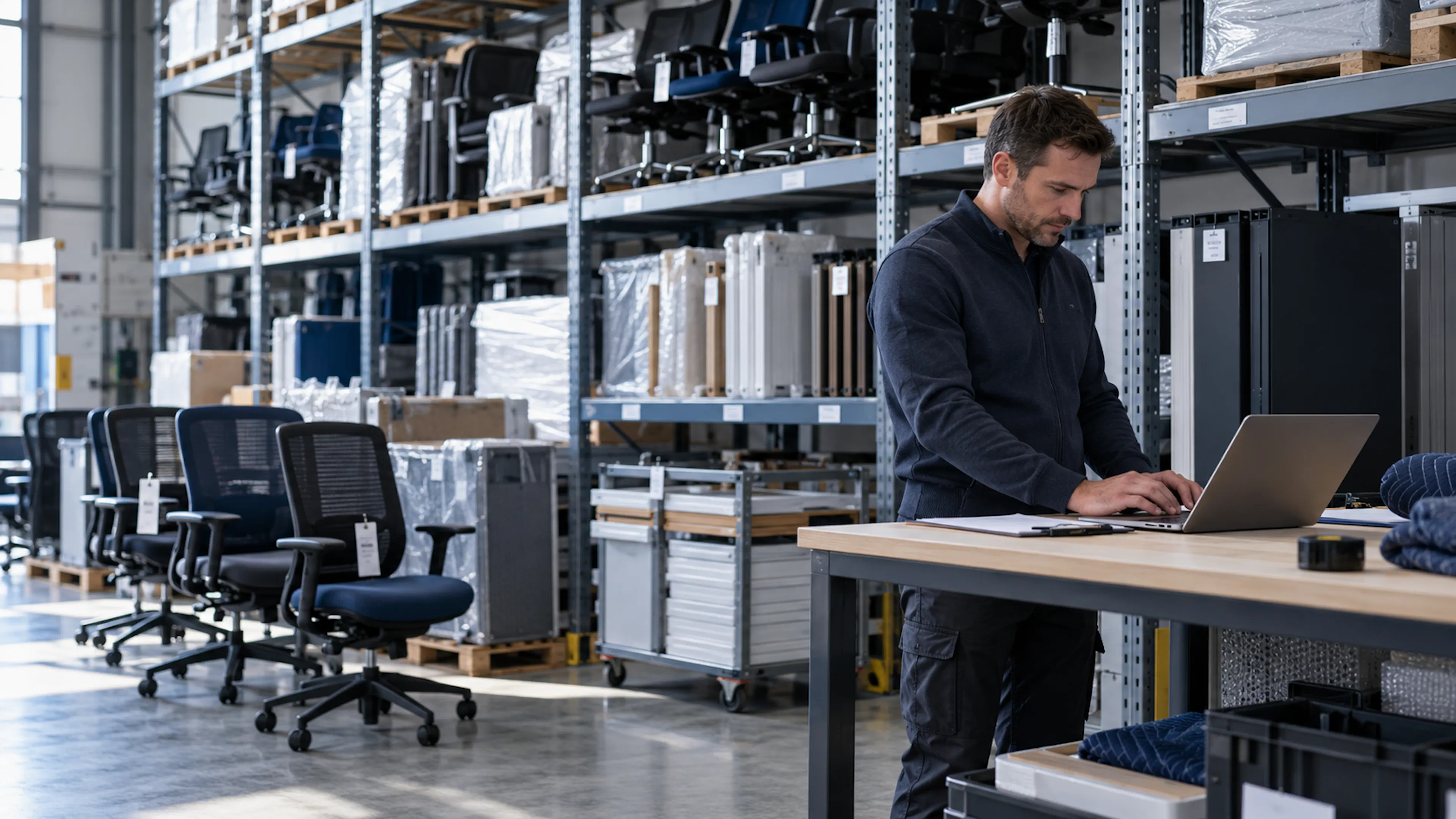 Responsable logistique consultant l'inventaire de mobilier professionnel sur un ordinateur portable devant des rayonnages de stockage organisés.