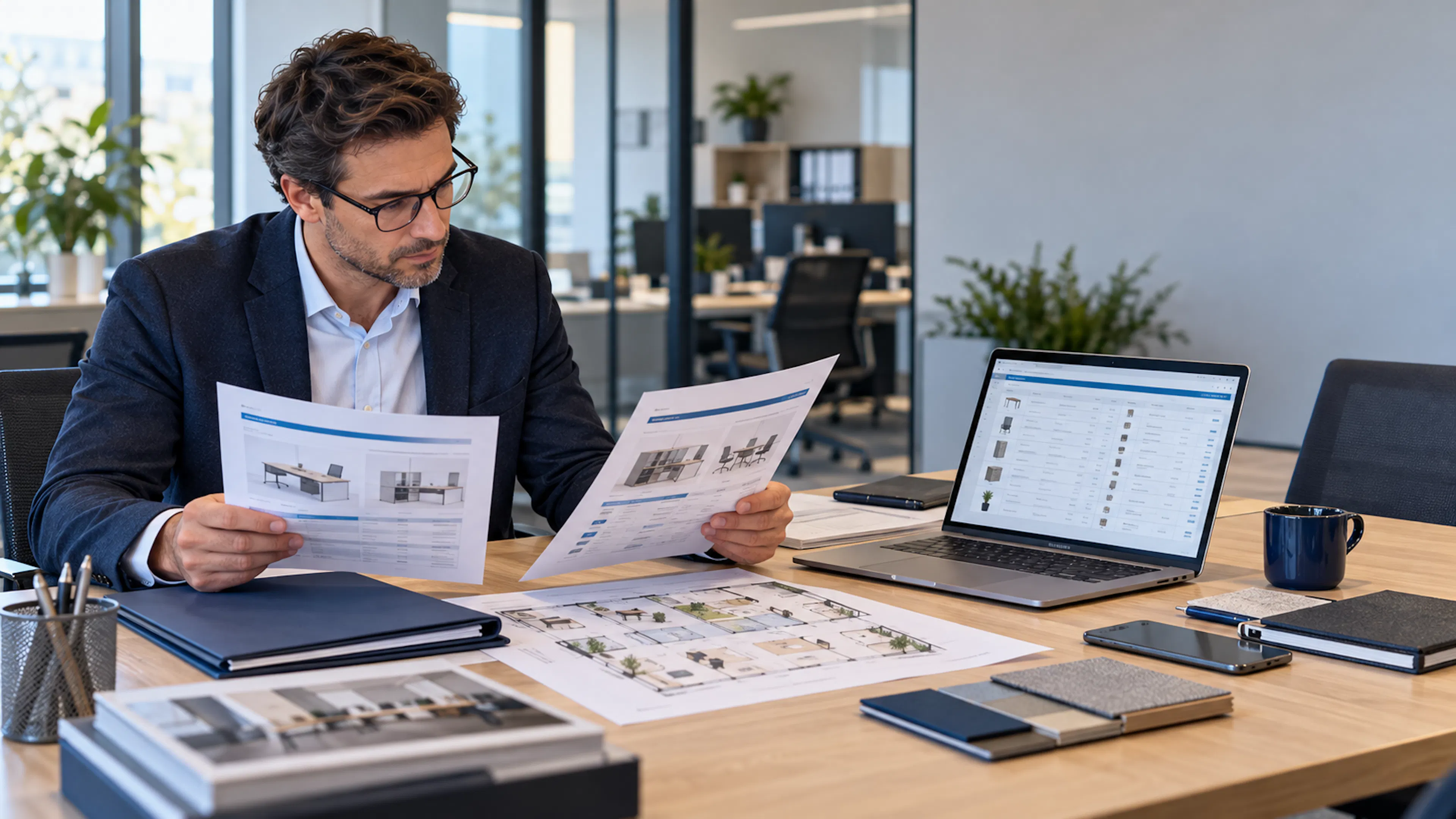Responsable des services généraux examinant des propositions de stockage et un inventaire de mobilier dans un bureau contemporain.