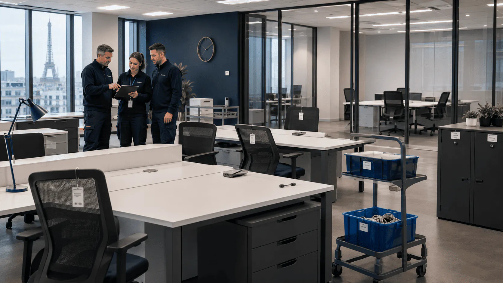 Mobilier excédentaire flex office stocké pour entreprise en IDF