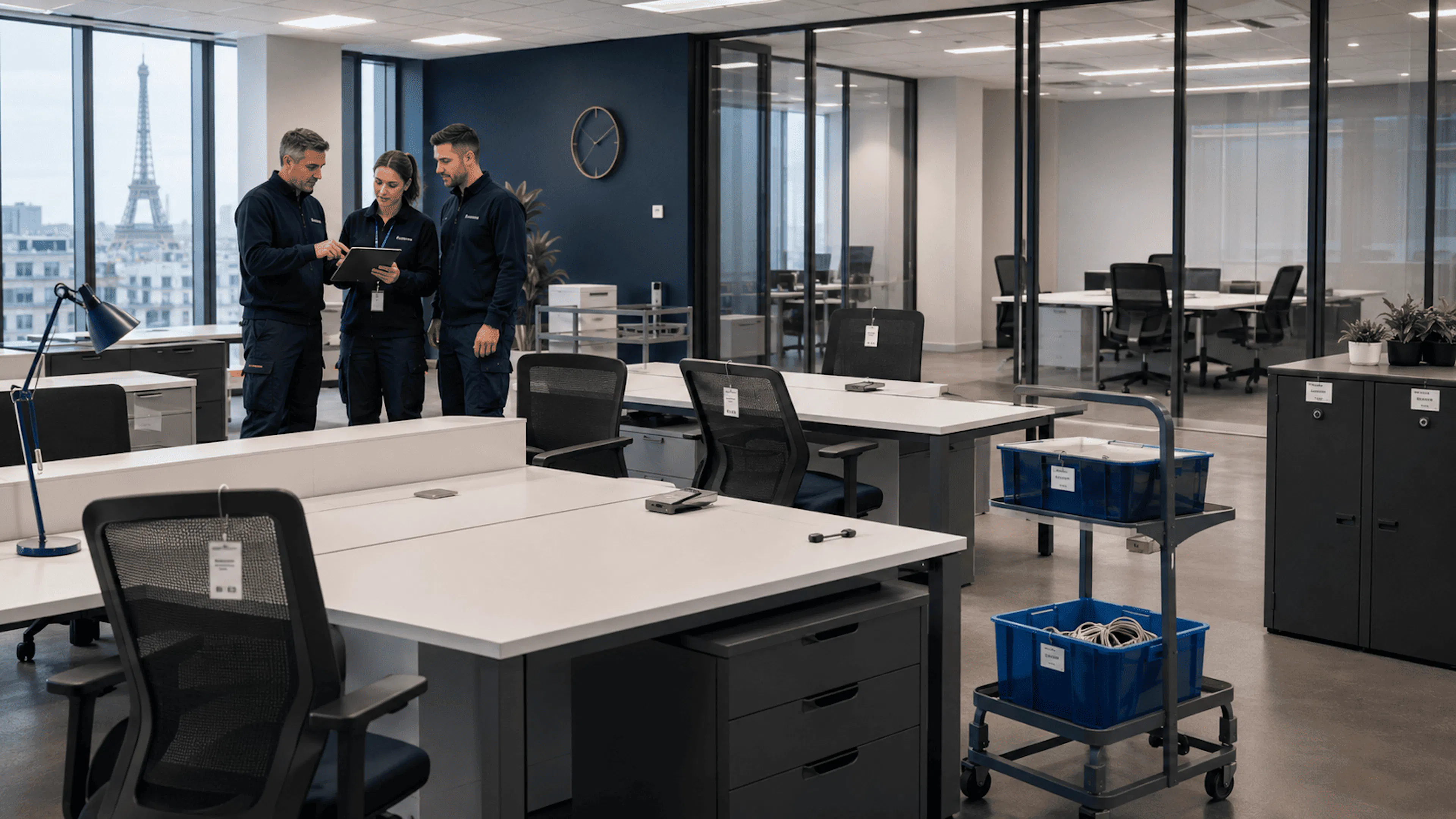 Mobilier excédentaire flex office stocké pour entreprise en IDF