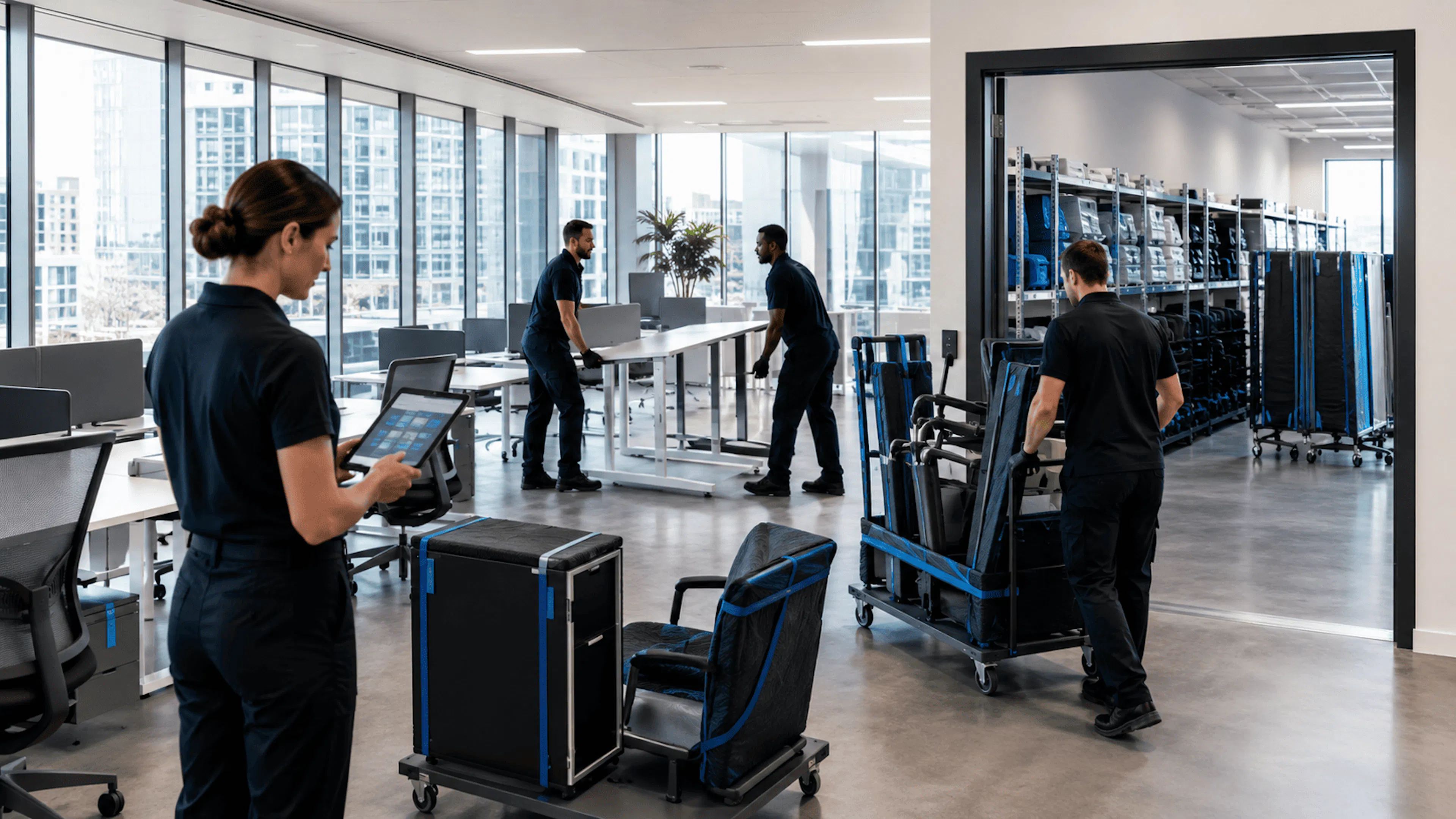 Stockage mobilier pendant un déménagement d'entreprise en Île-de-France avec inventaire et restitution à la demande