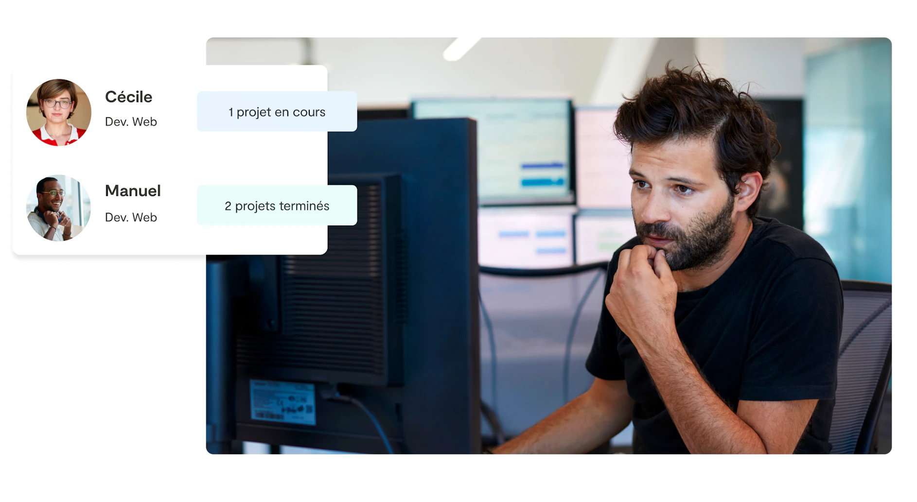 picture of a man in front of a laptop looking at current projects with freelancers on Malt