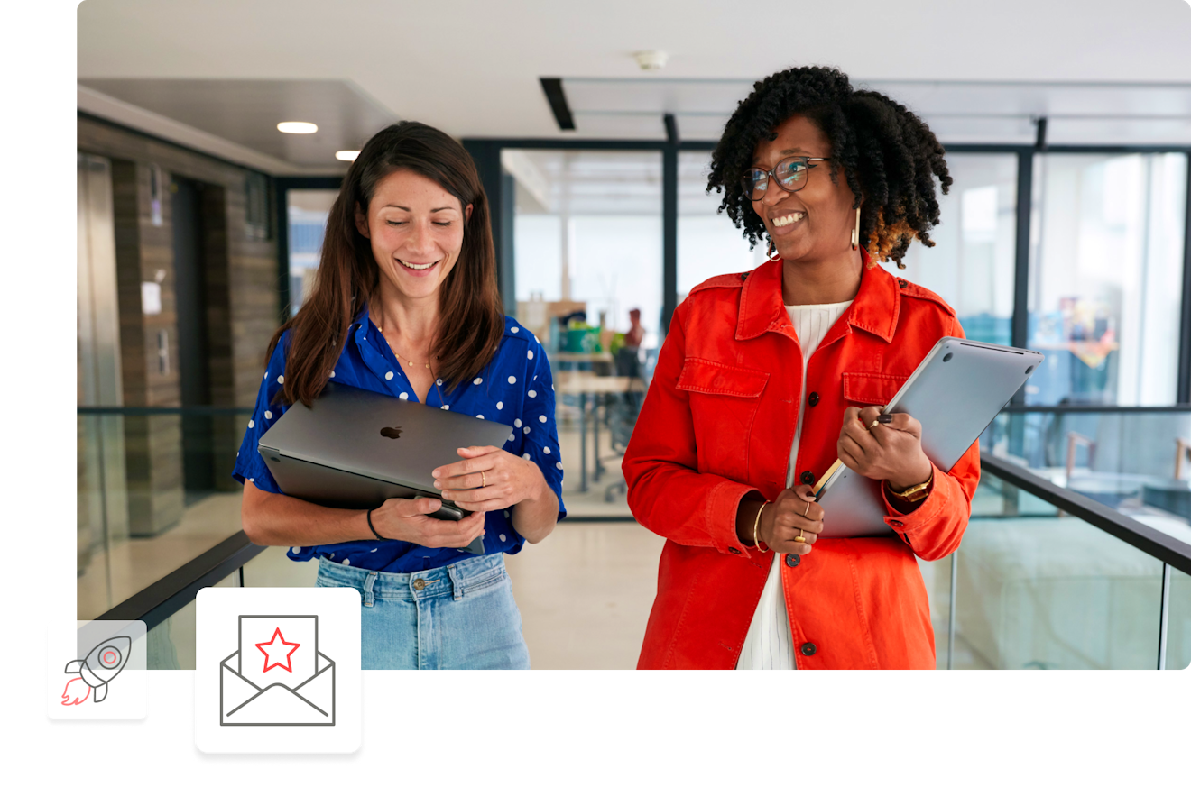 Two women smiling with an invitation icon