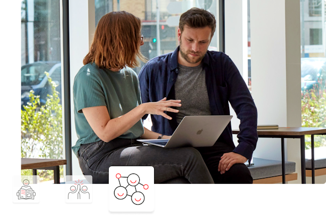 two people talking with icon of share