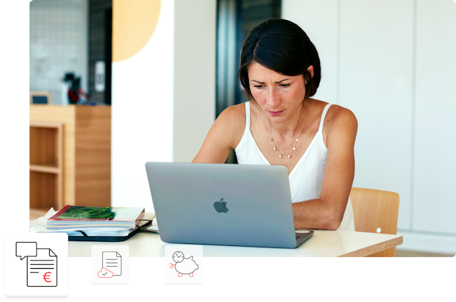 picture of a woman working on a laptop with invoice icon