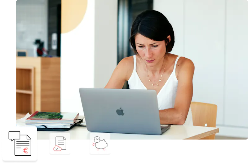 picture of a woman working on a laptop with invoice icon