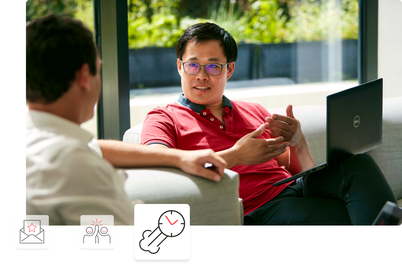 picture of a man talking to another with an icon of a clock 