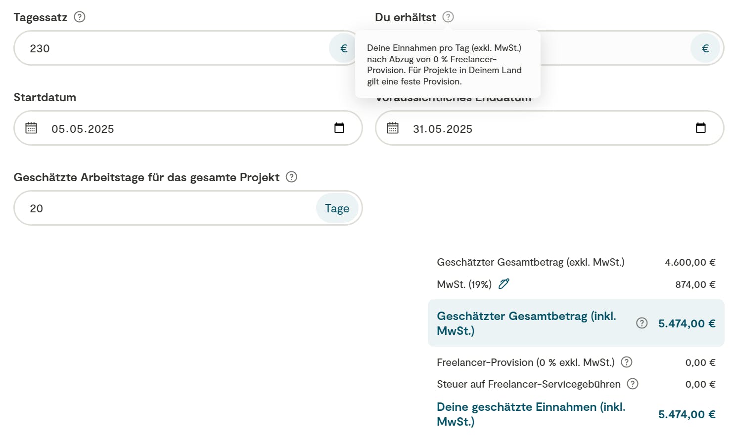 Beispielbild für einen Zeitbasierten Auftrag mit Tagessatz. Die Freelancer-Provision liegt in Deutschland bei 0%.