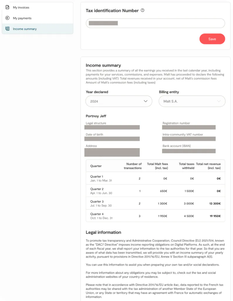 récapitulatif annuel de vos revenus sur Malt