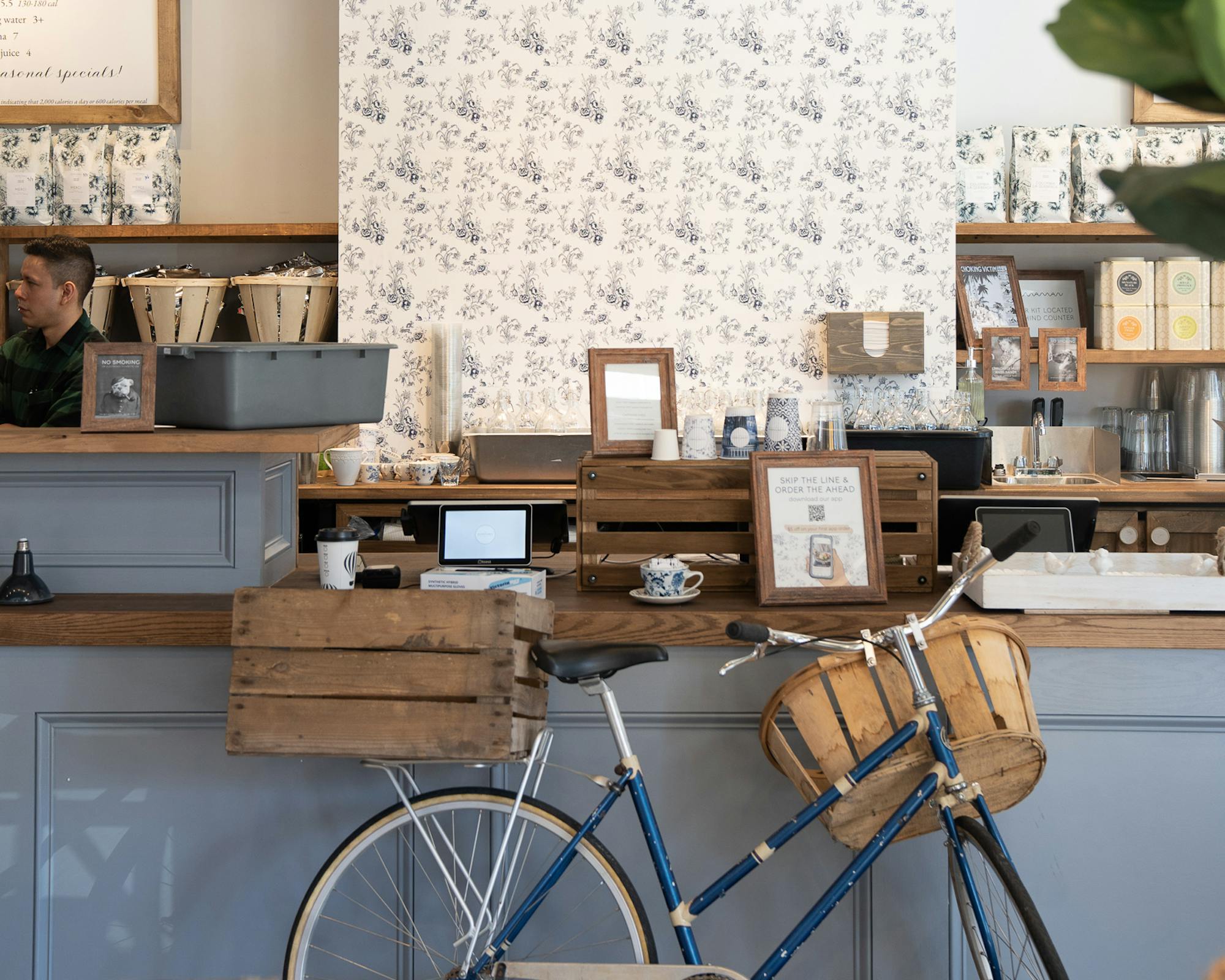 union market interior - front counter with bicycle and basket
