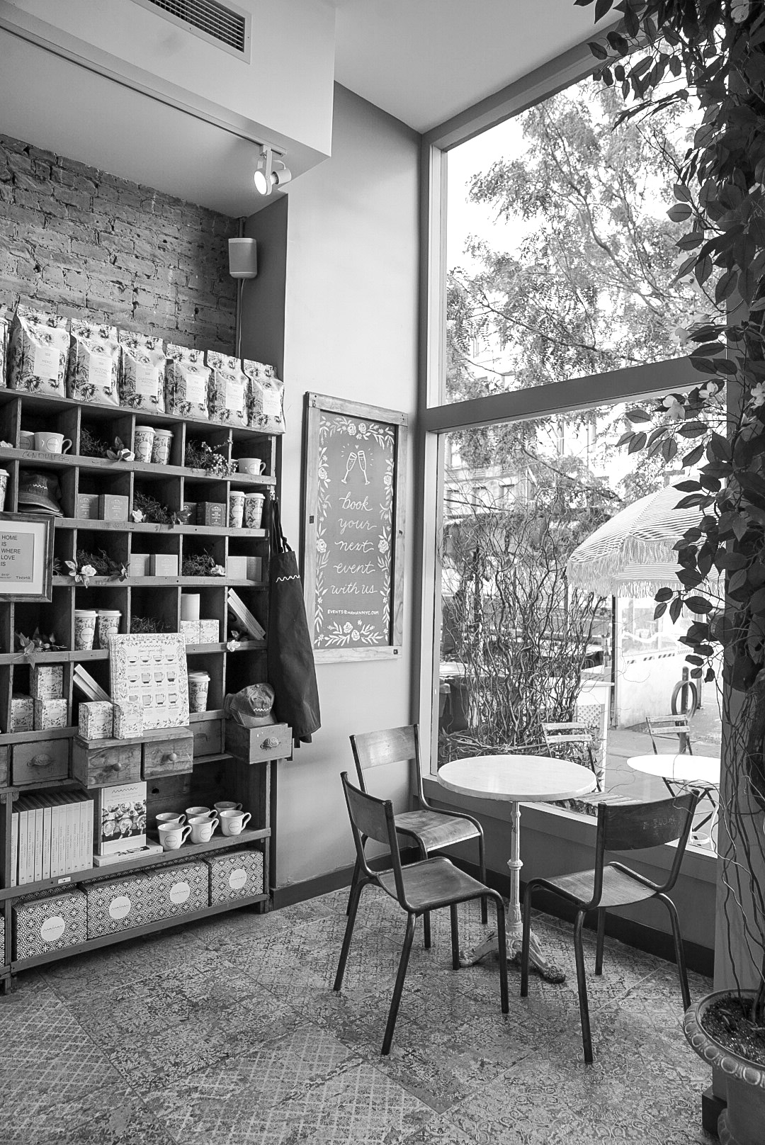 cafe table and retail shelf