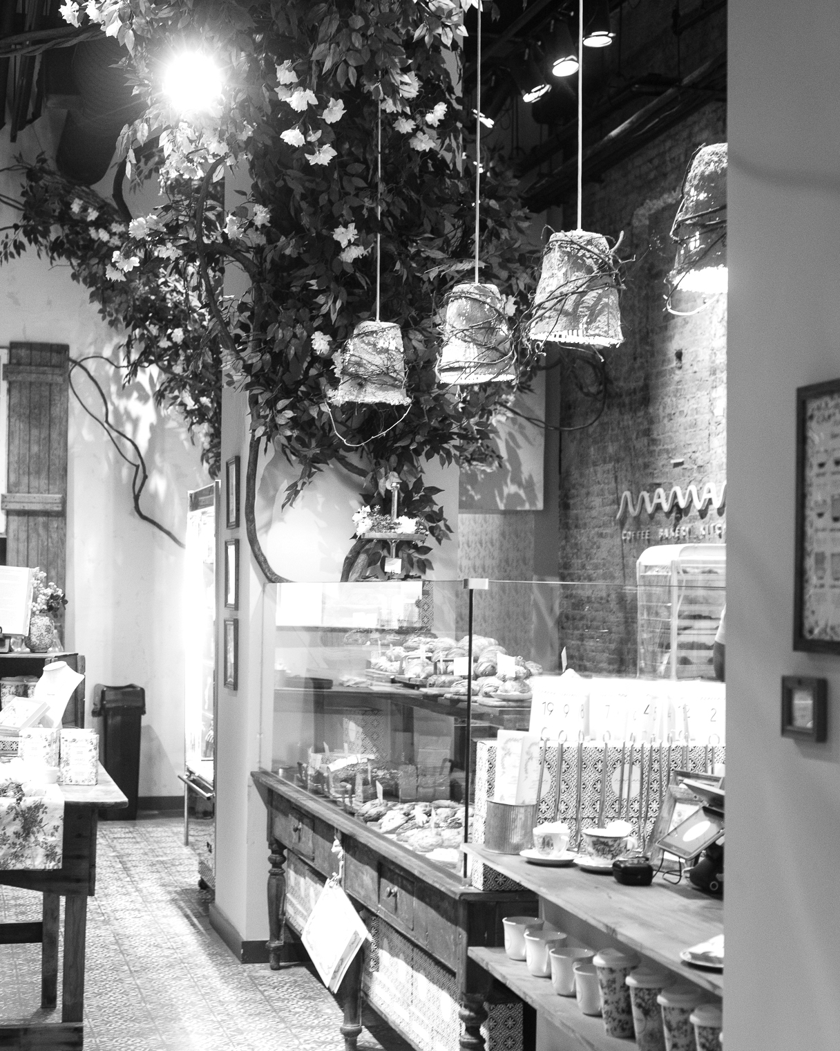 pastry counter with hanging lights