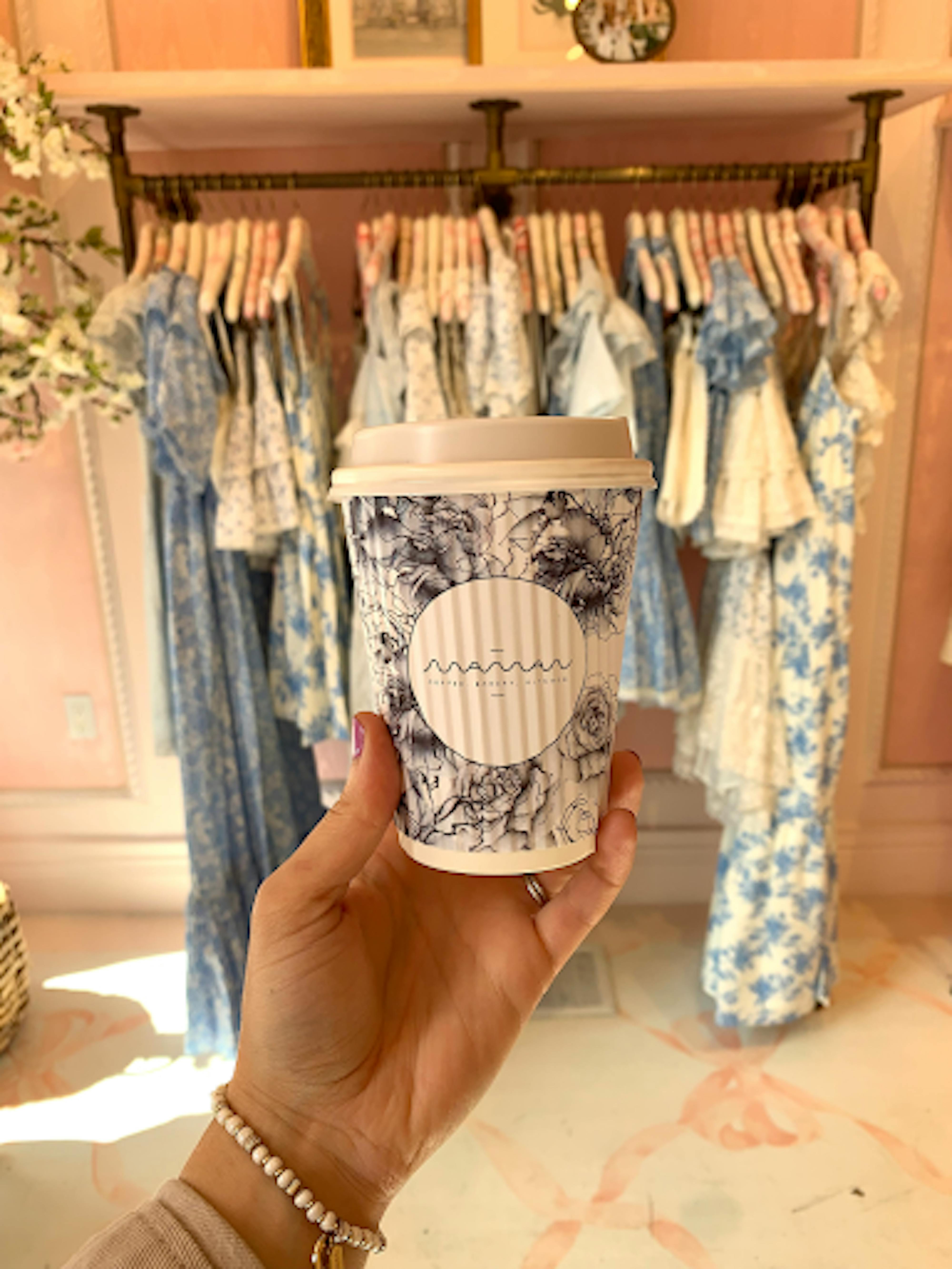 maman's signature floral to-go cup in love shack fancy's greenwich ct location