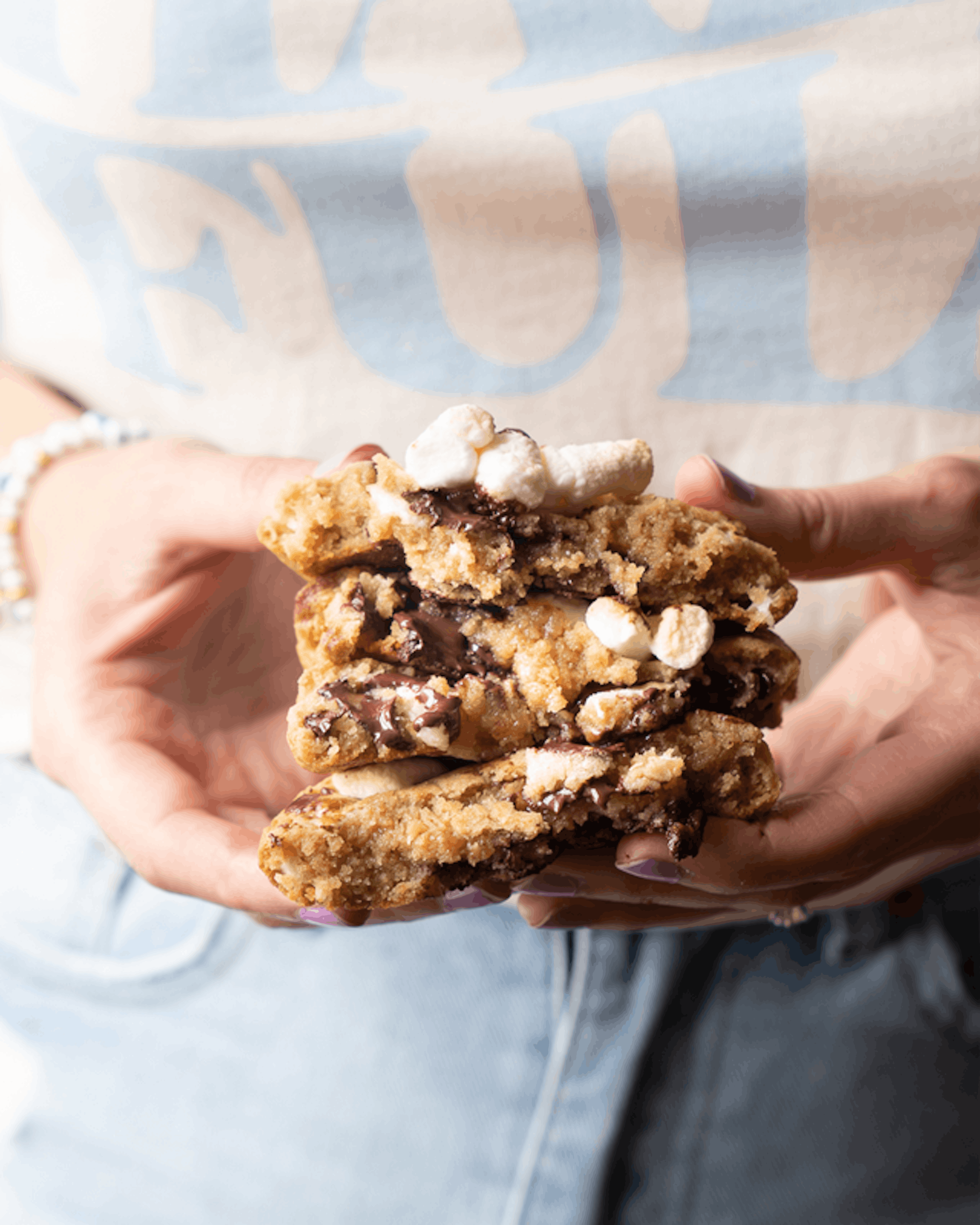 s'mores cookie stack in hand
