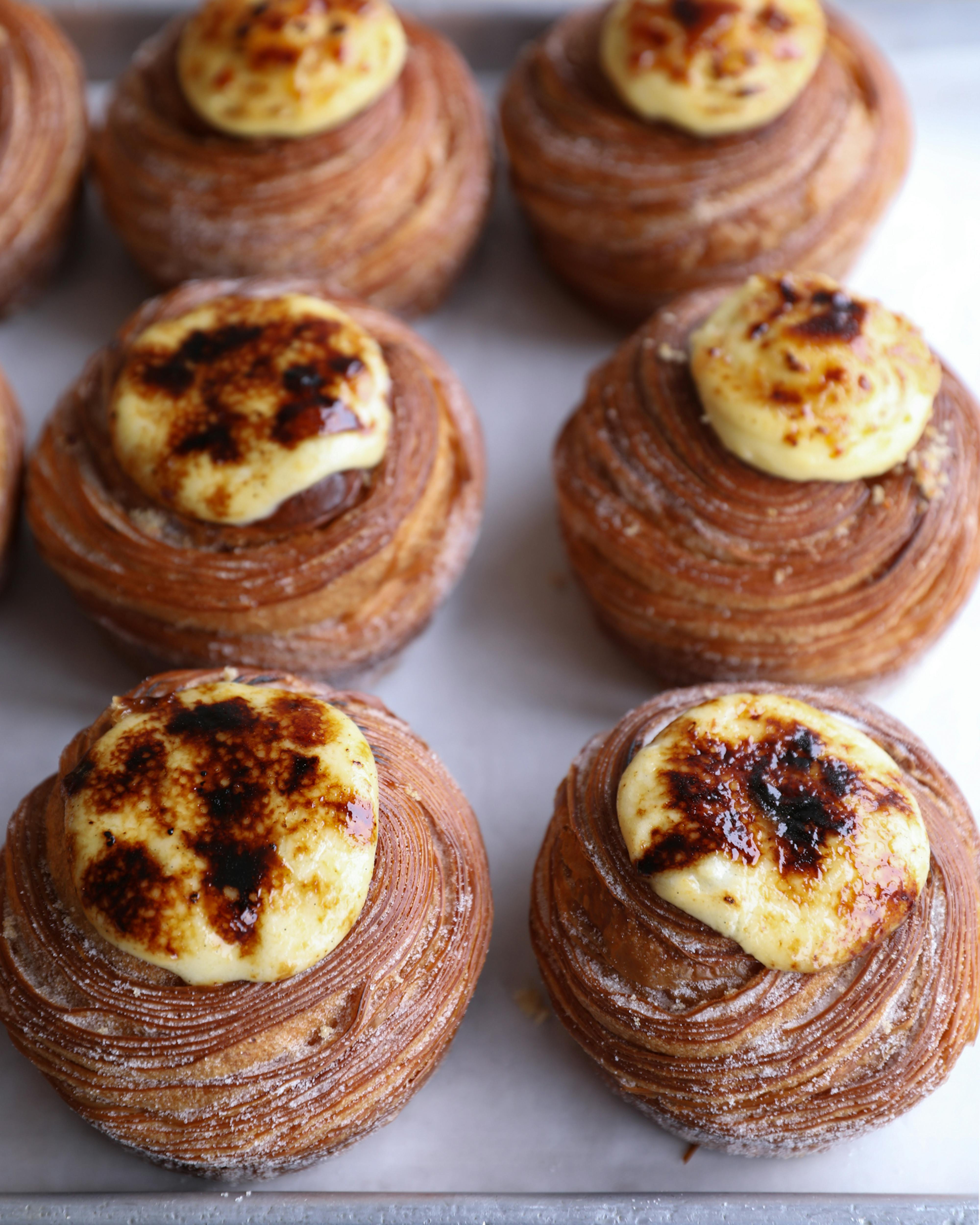creme brulee sugar bun on tray