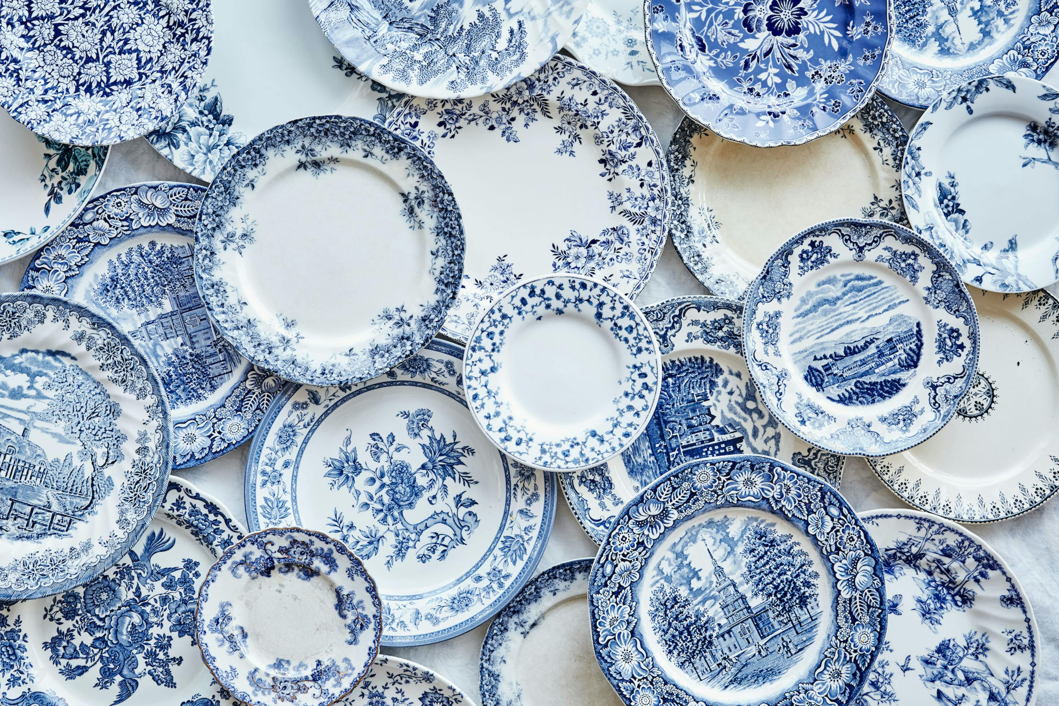 stack of blue and white plates