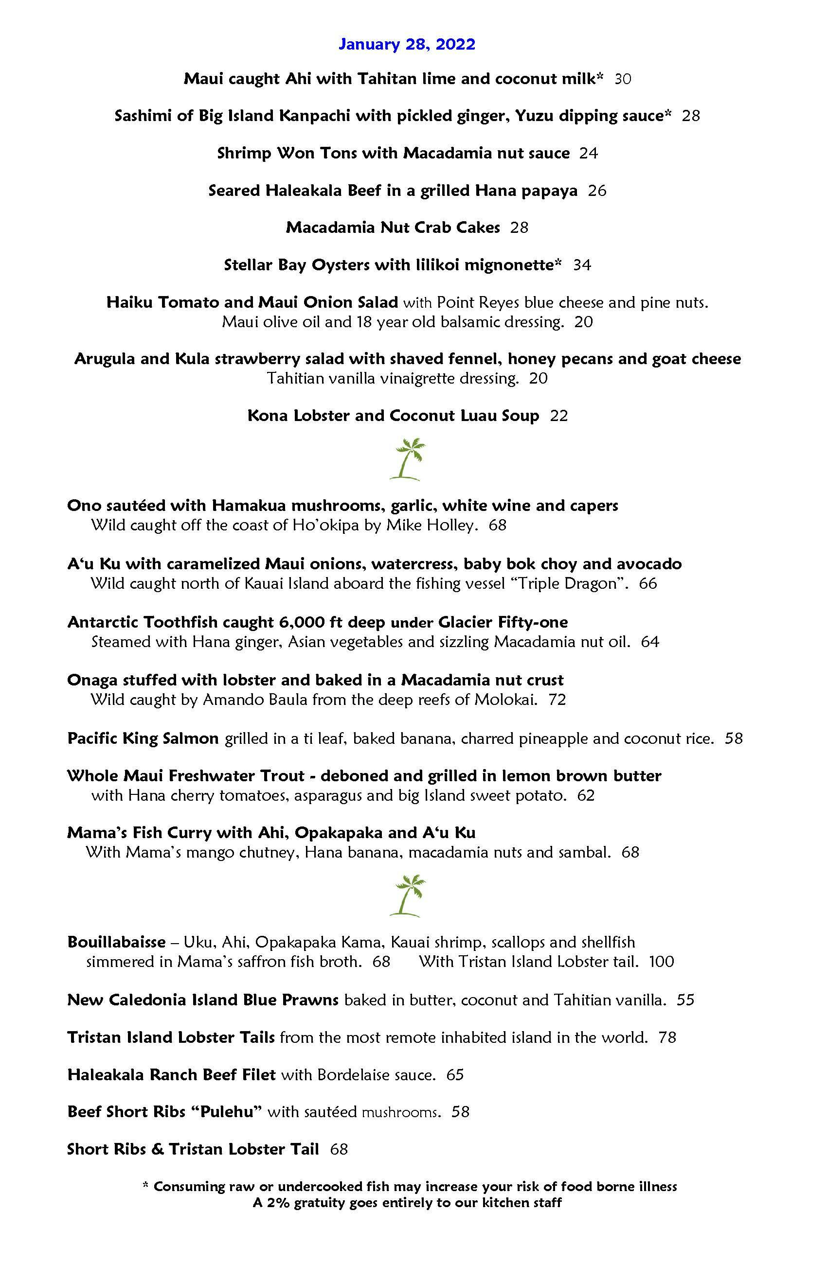 Mama's Fish House menu