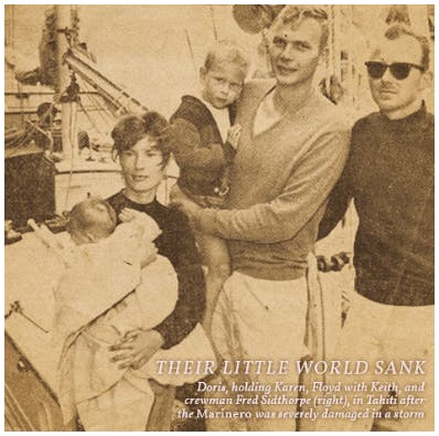 Doris, holding Karen, Floyd with Keith, and crewman Fred Sidthorpe (right), in Tahiti after the Marino was severely damaged in a storm
