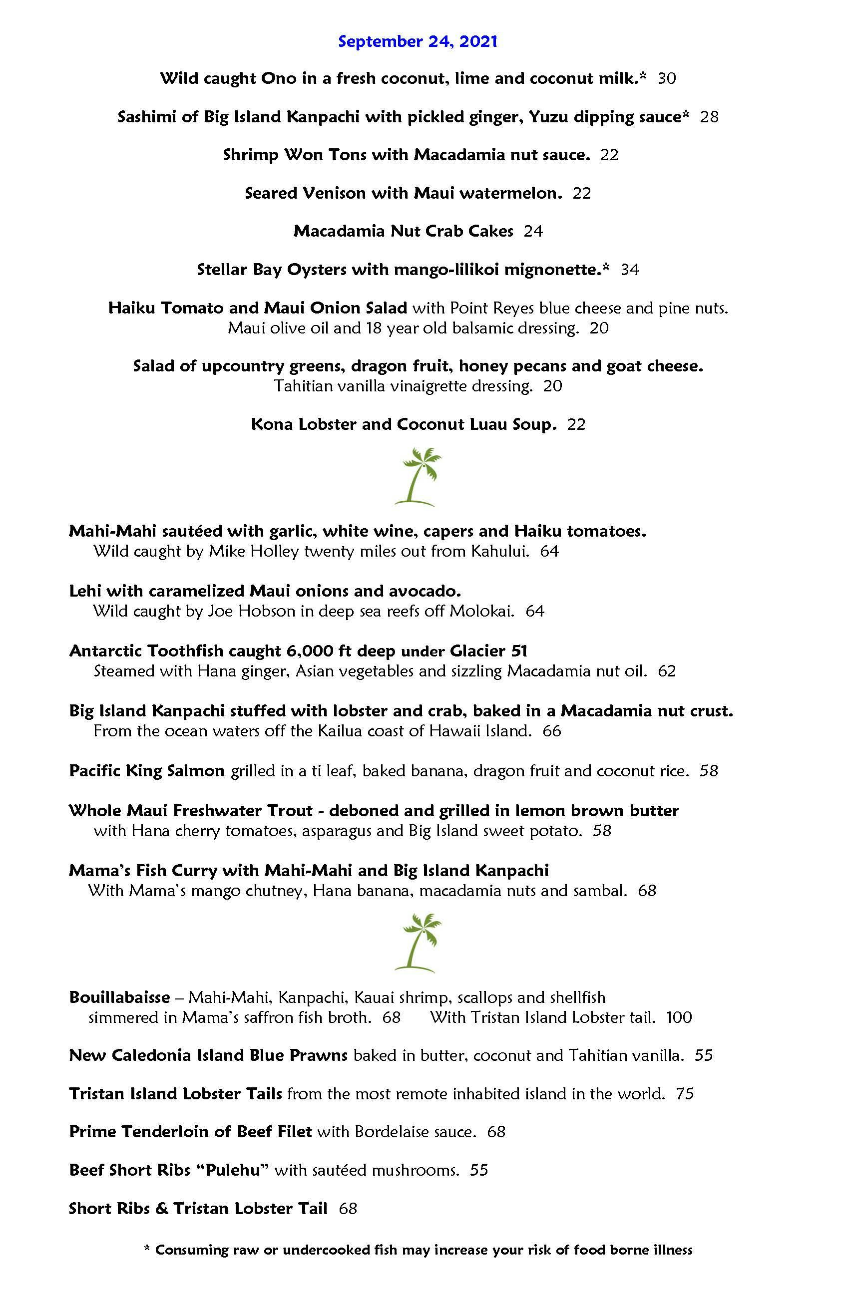 Mama's Fish House menu