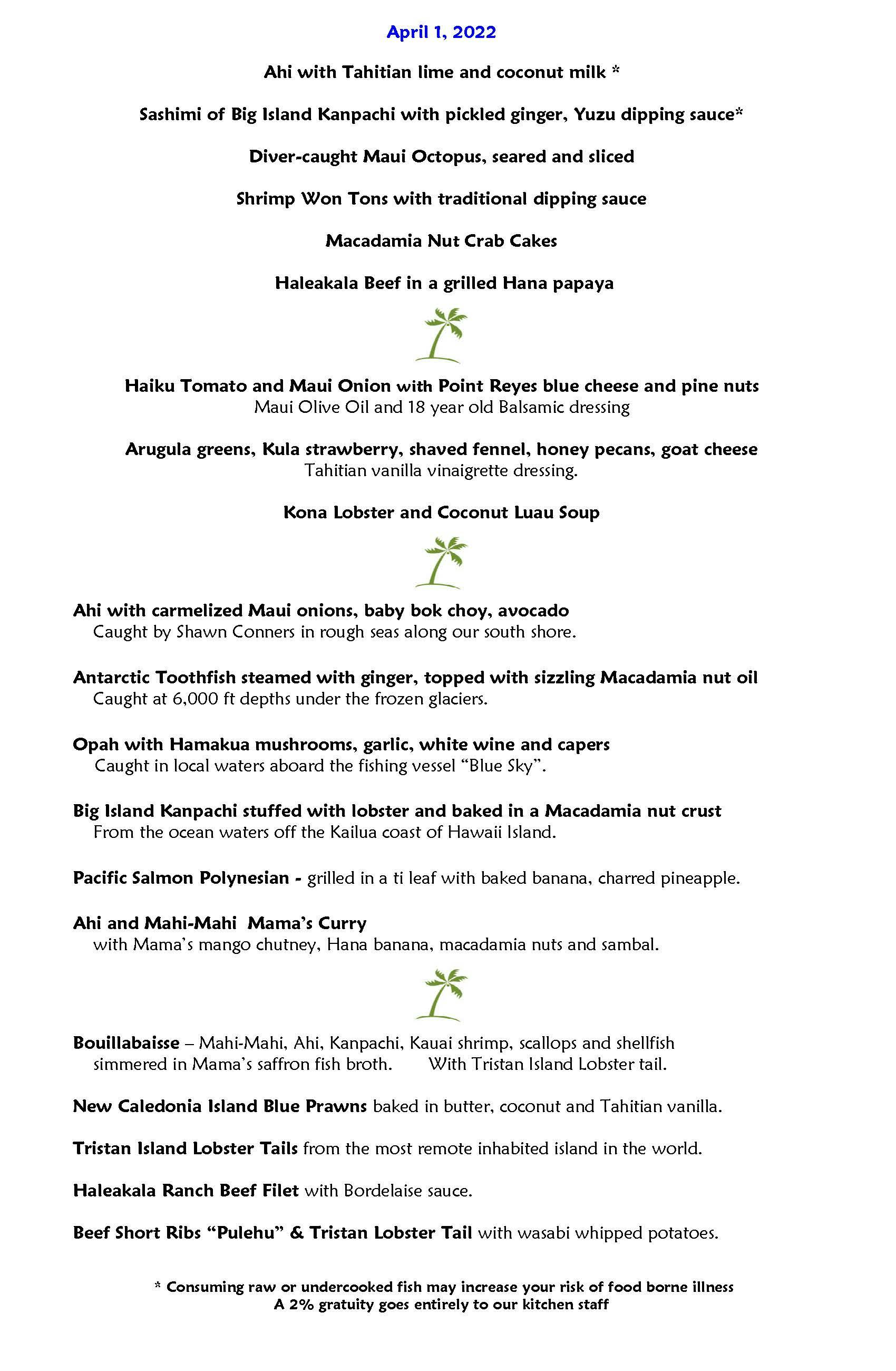 Lunch & Dinner Menu | North Shore Maui Hawaii