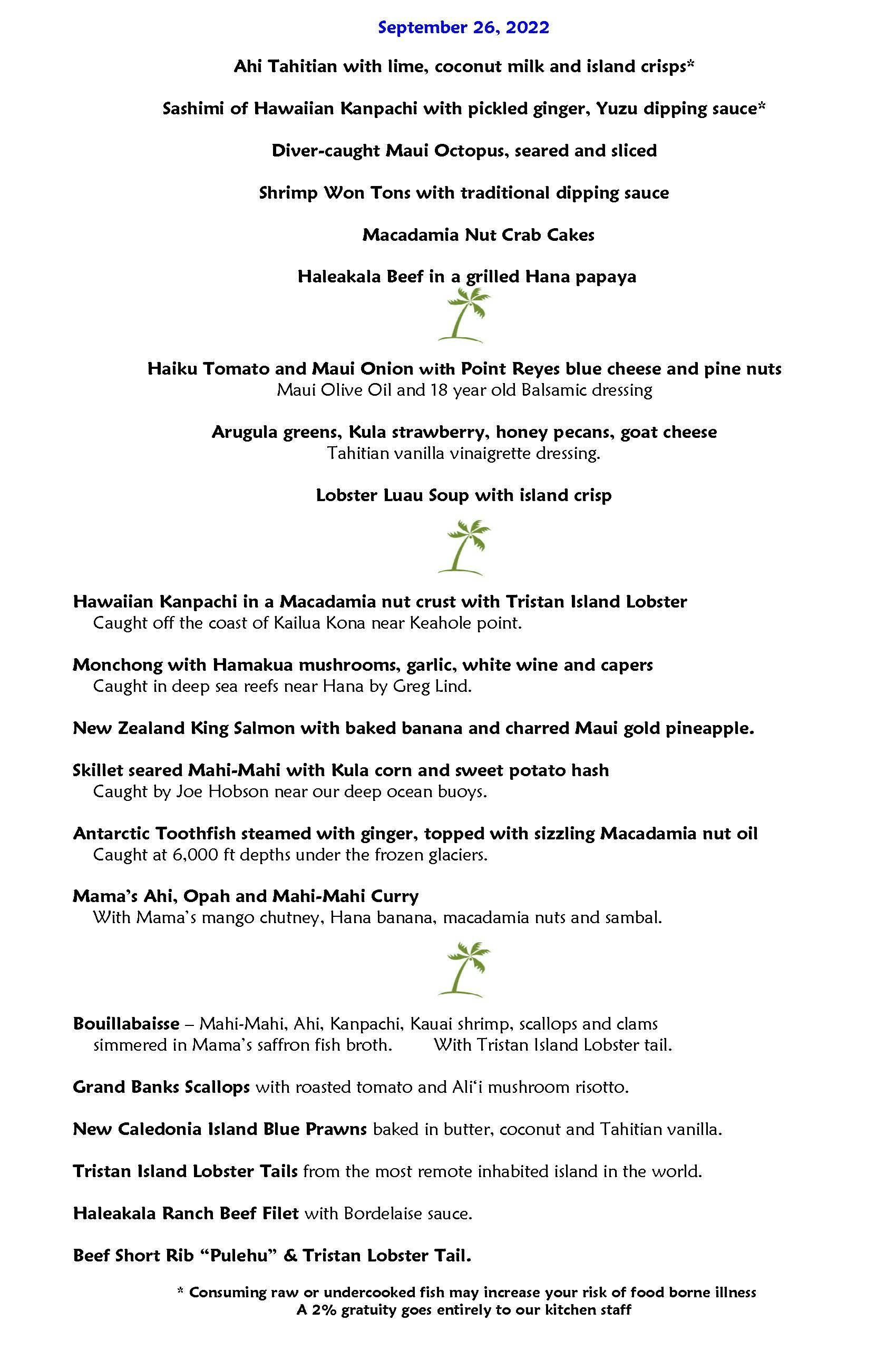 Mama's Fish House menu