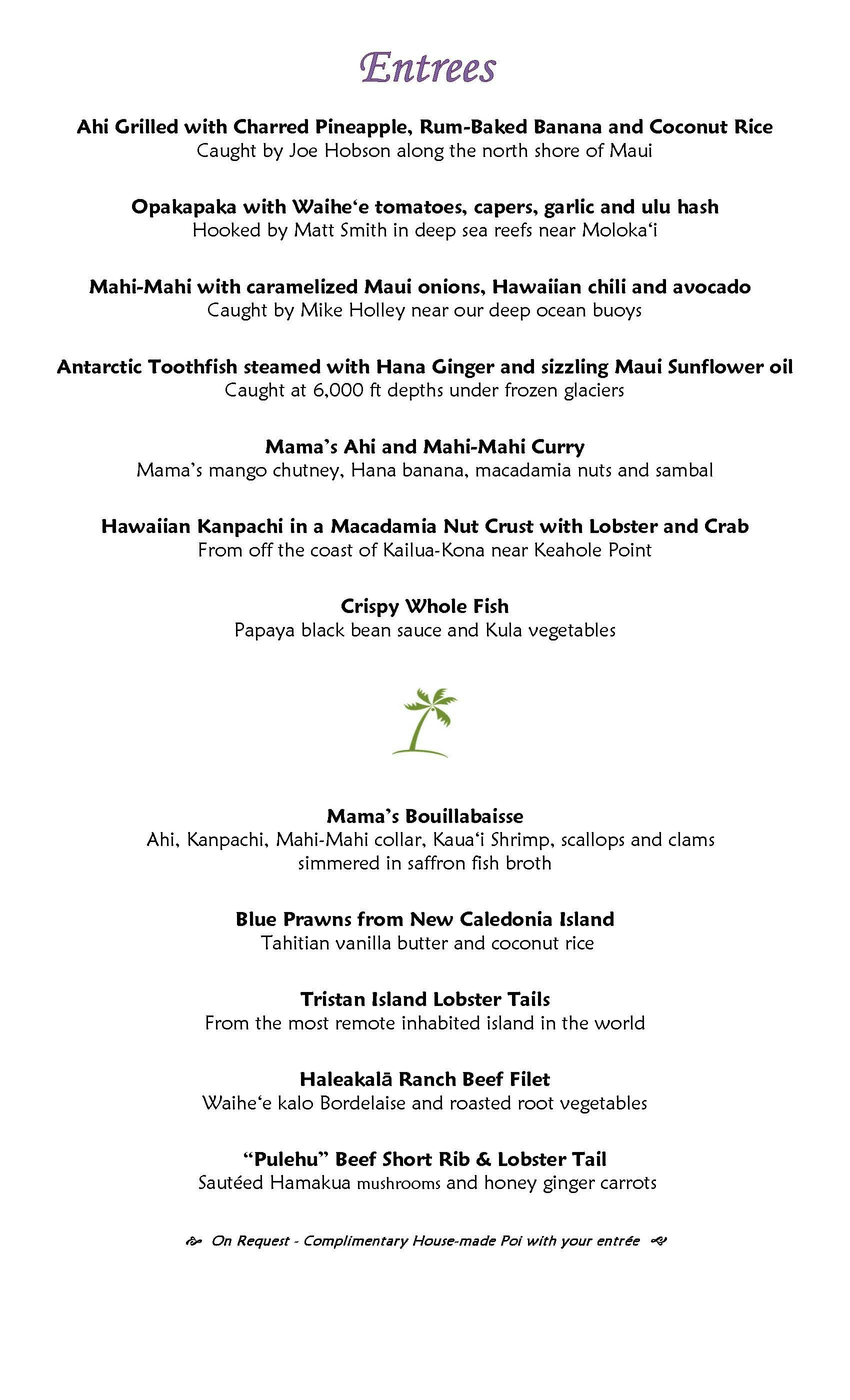 Lunch & Dinner Menu North Shore Maui Hawaii