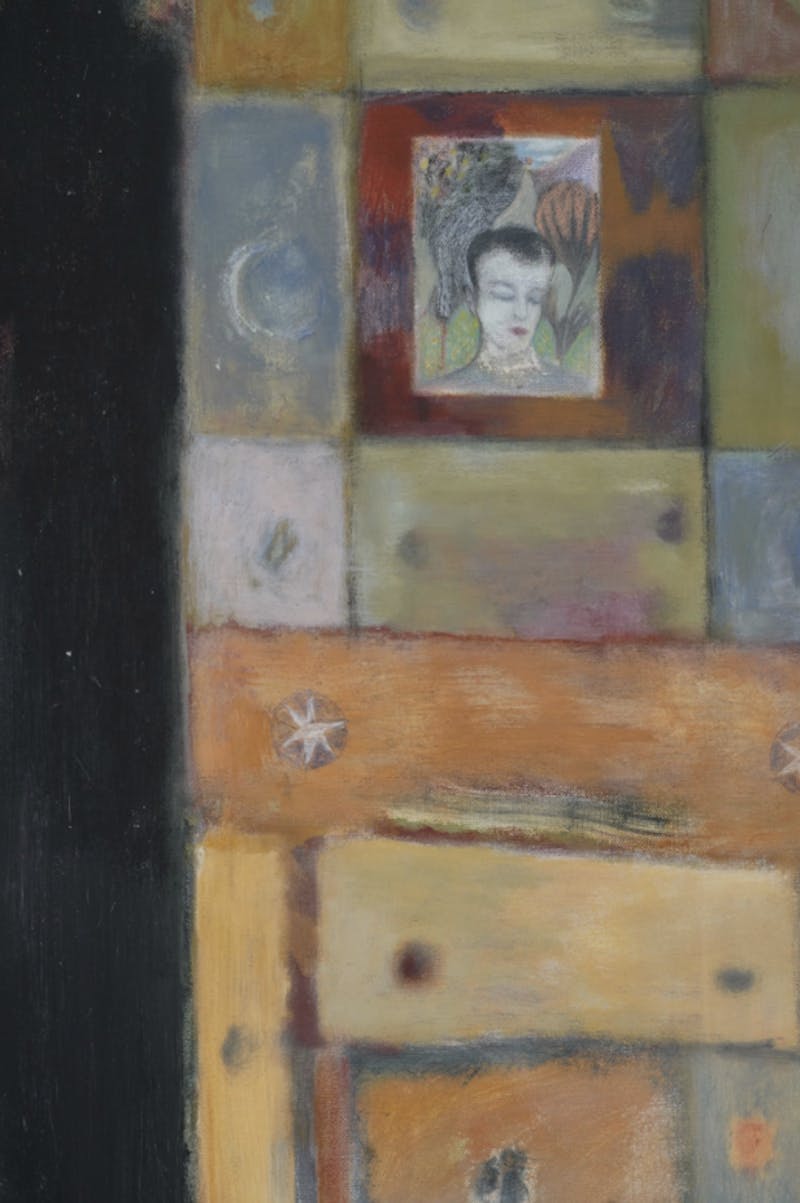 Ted Gahl, 'Lonely Outside' (2021) (detail). Acrylic, Moroccan pigments, graphite, coloured pencil on canvas in artist's frame. 102 x 76 cm. Courtesy MAMOTH.
