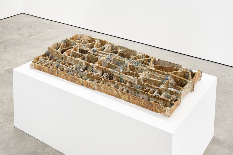 Sophie Friedman-Pappas, 'WHA — ' Gasped awake but spit the words back out they [were bitter], 2022 Ash glazed stoneware, duct tape, bird poop 24 x 44.5 in / 61 x 113 cm