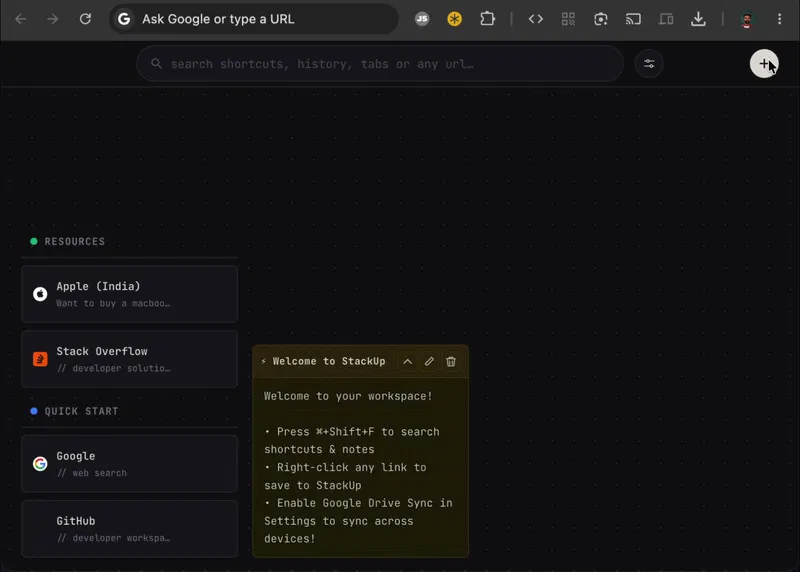 Creating a new quick note in StackUp workspace canvas