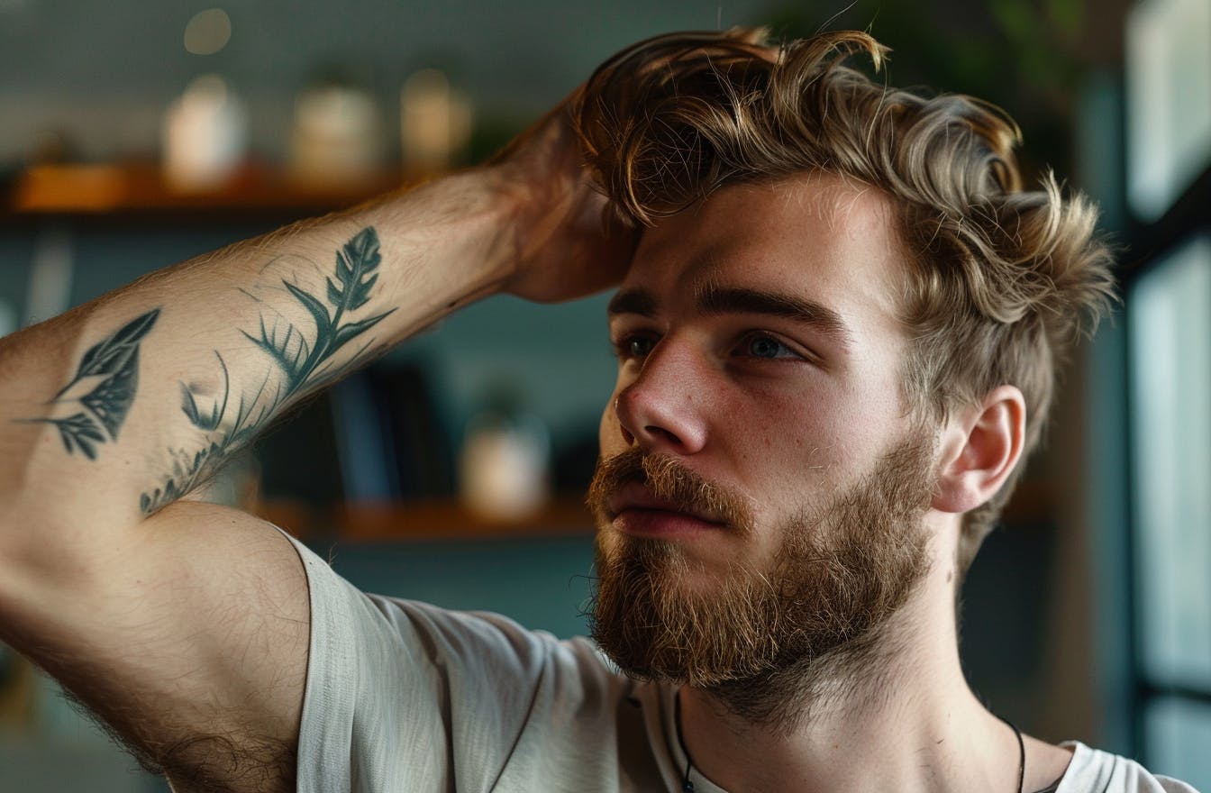 A tattooed man with long hair