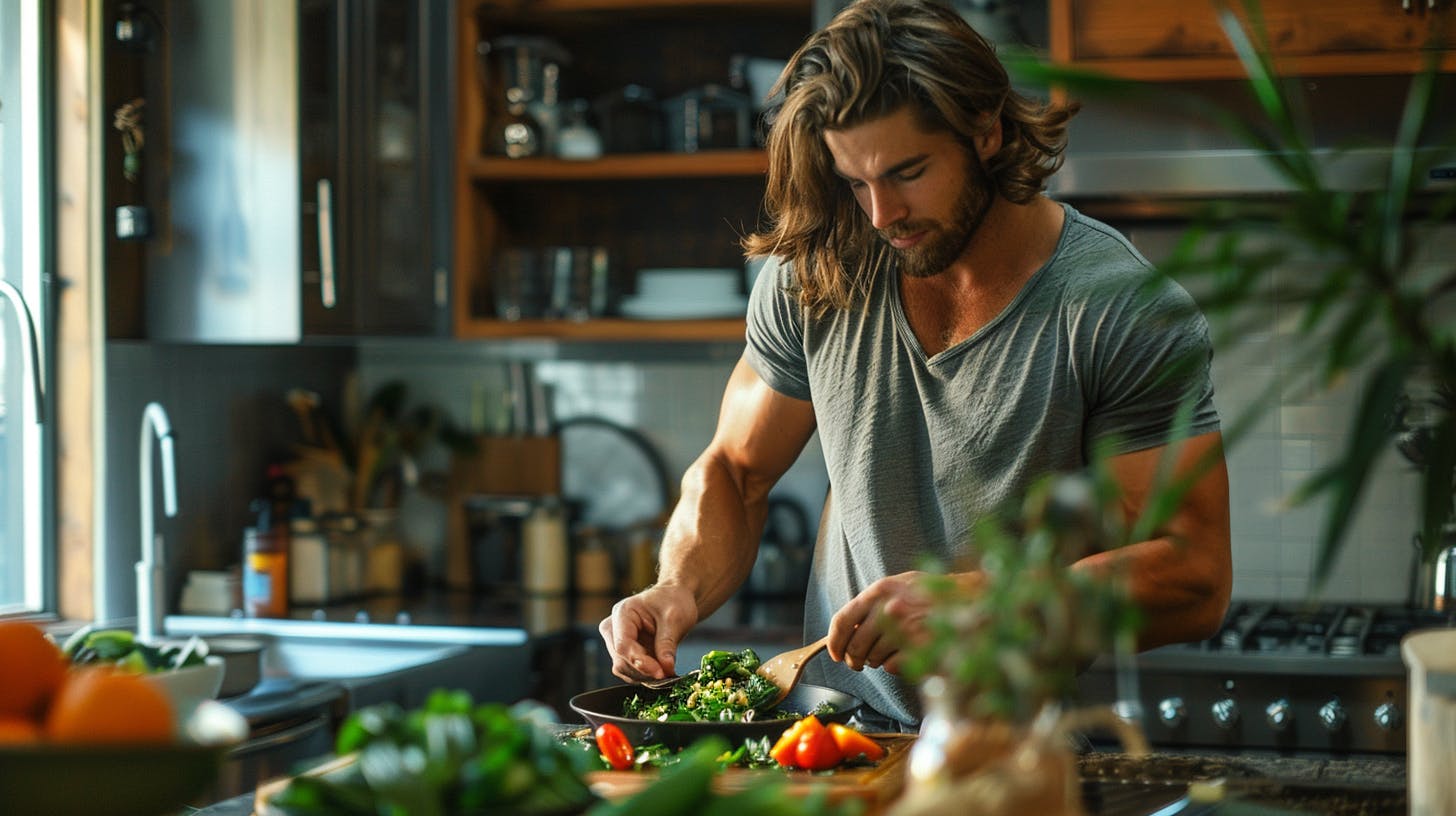 A man with long hair cooking himself a healthy meal