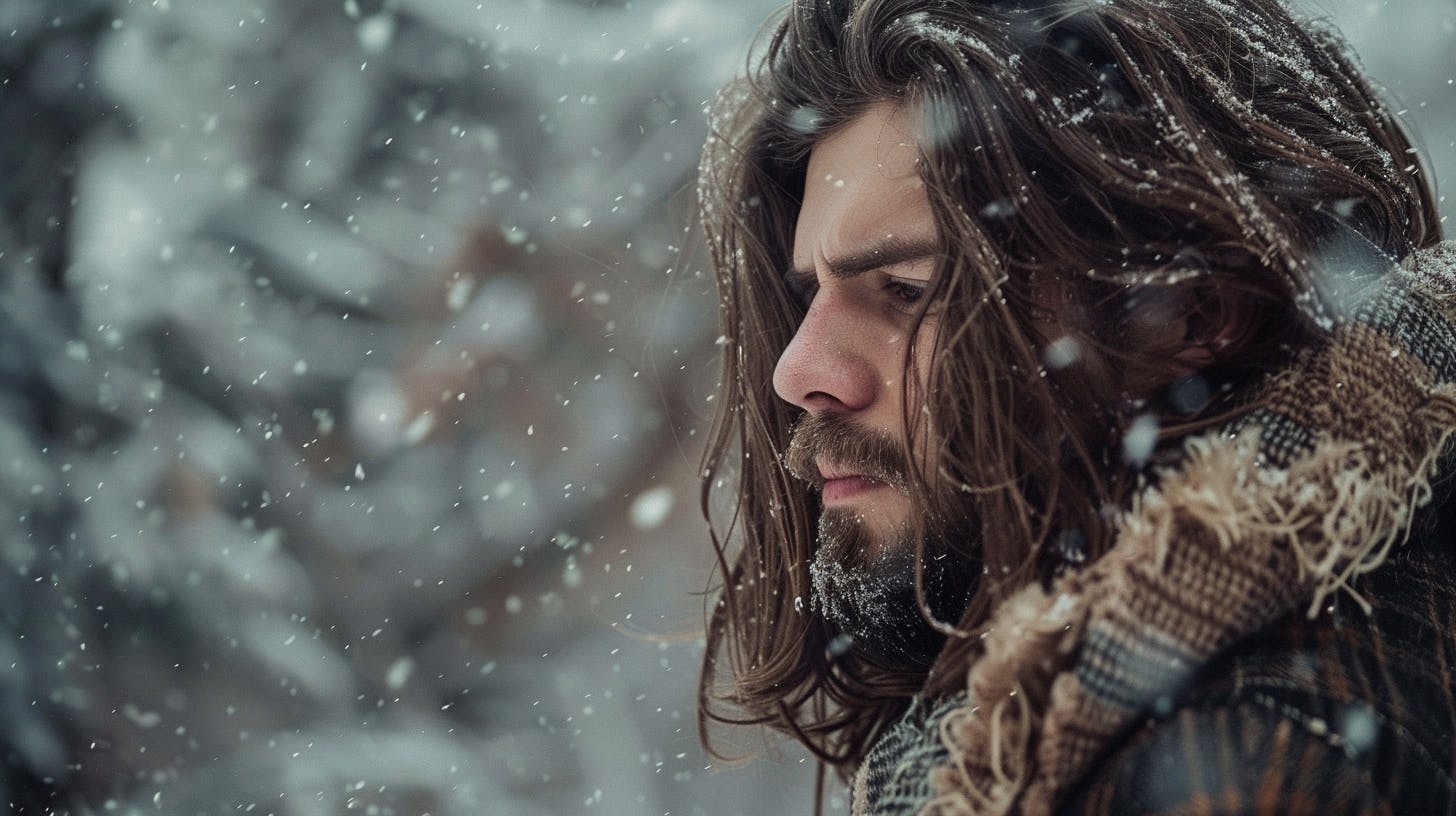 A man with long hair in winter