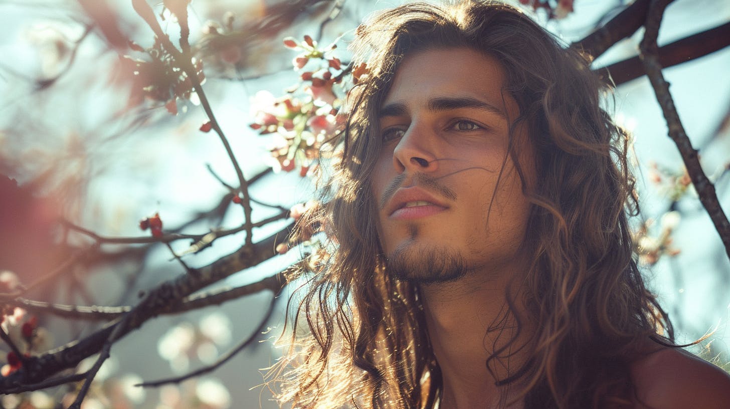 A man with long hair in the spring