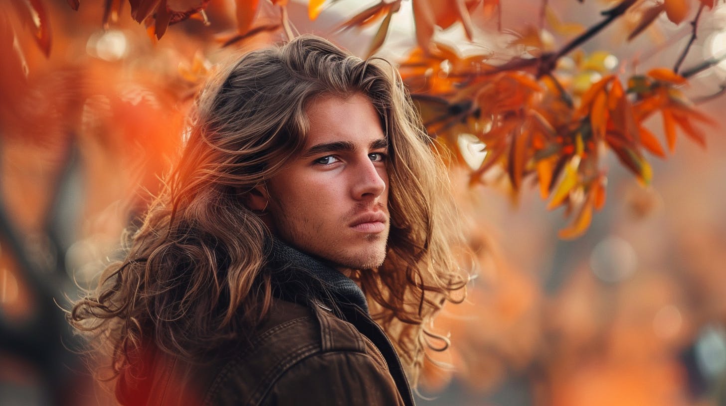 A man with long hair in autumn