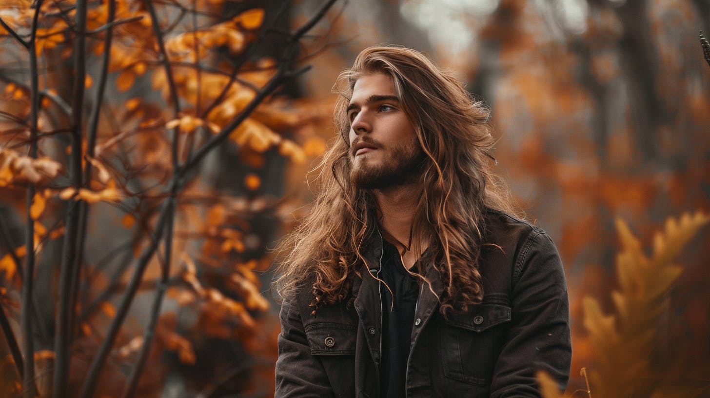 A man with long hair in the autumn