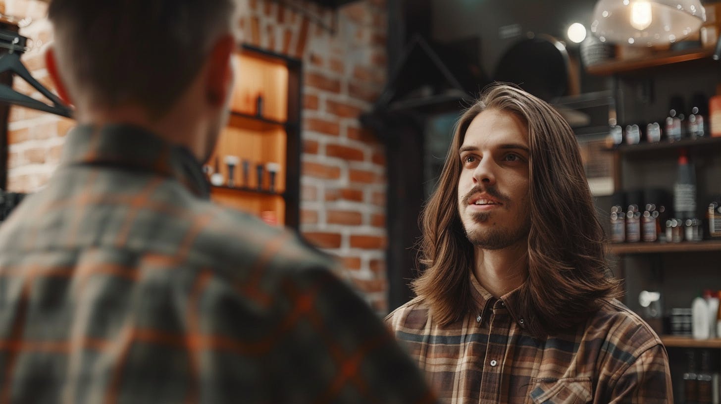 A man with long hair talking with his barber.