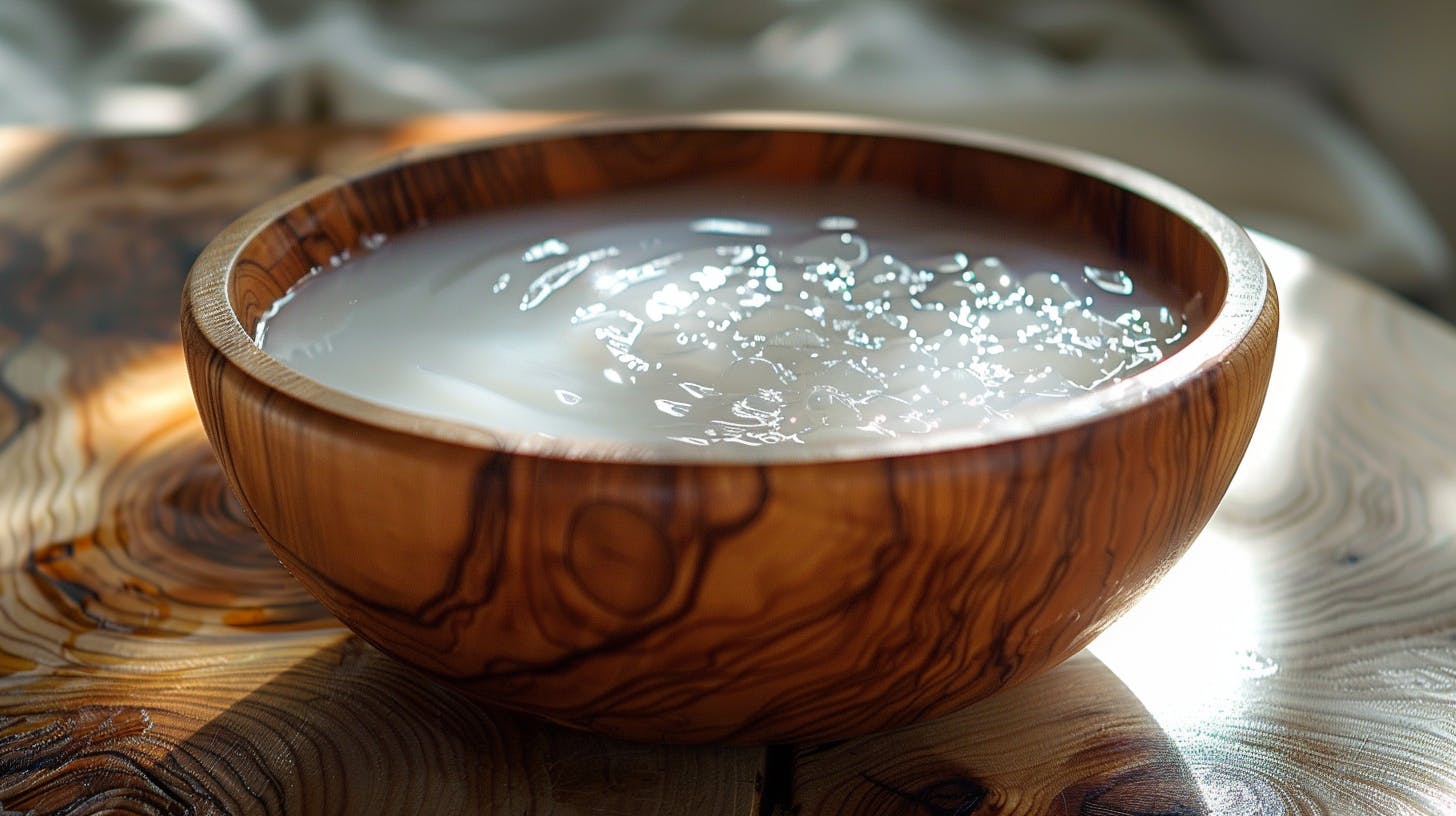 A wooden bowl filled with rice water.
