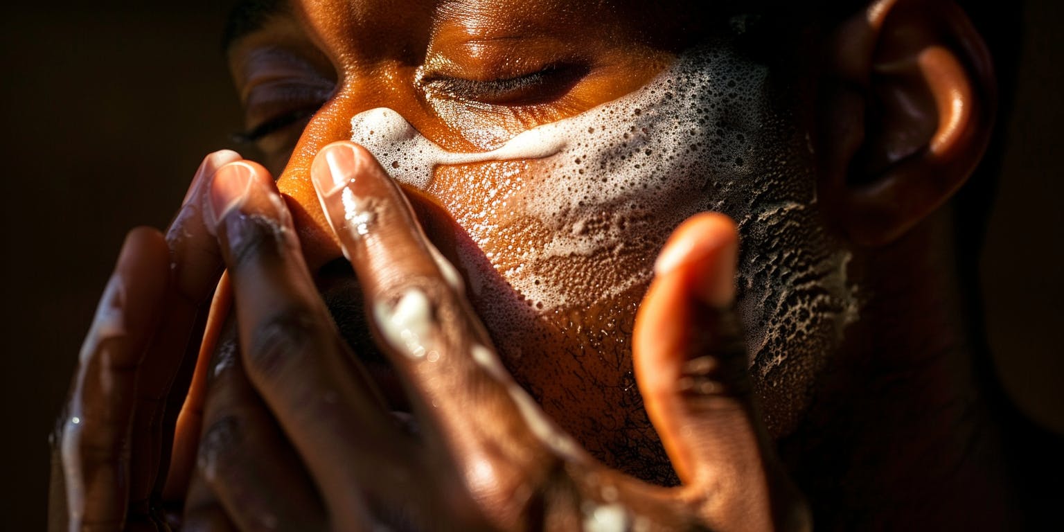 A man putting skin products on his face.